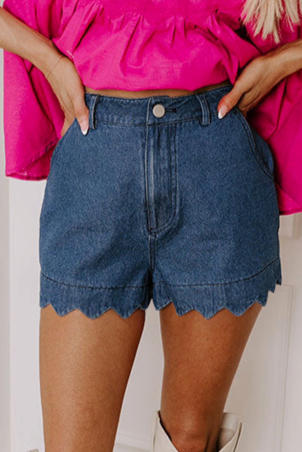 Sail Blue Scalloped Hemline Acid Wash High Waist Denim Shorts - enhanced image 1
