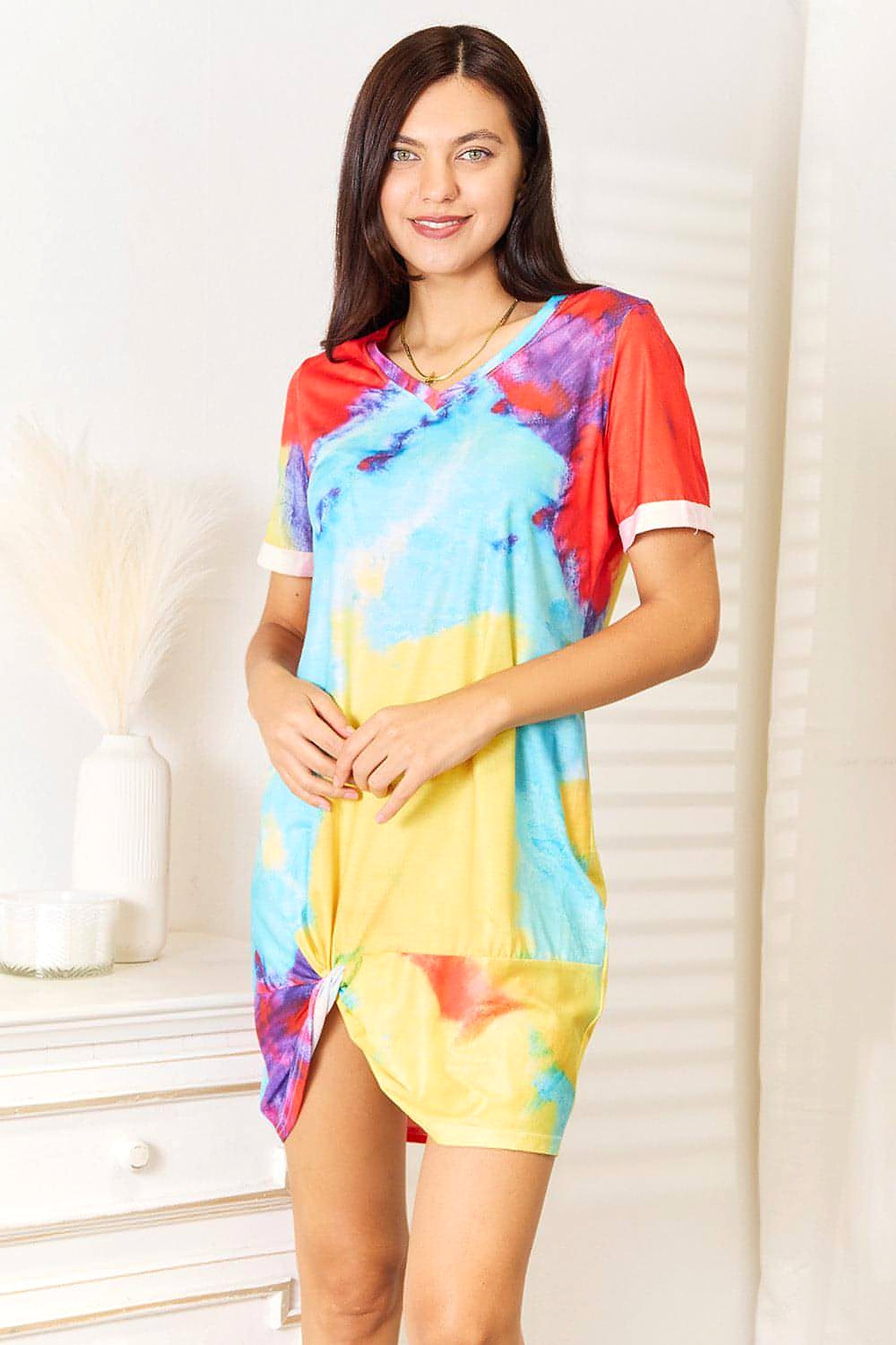 Shiny Tie-Dye V-Neck Twisted Dress - enhanced image 1