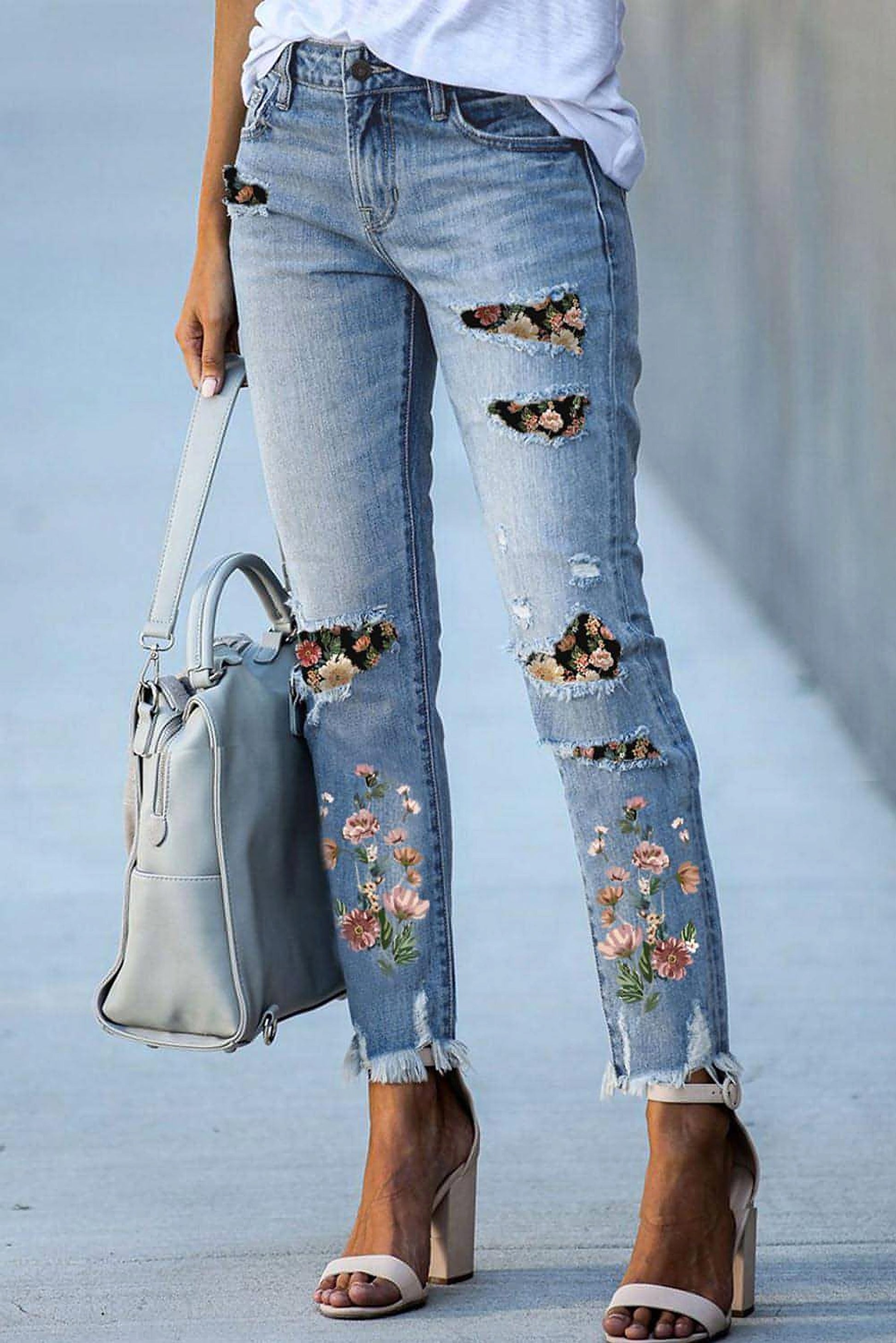 Sky Blue Printed Patch Ripped Skinny Jeans - enhanced image 1