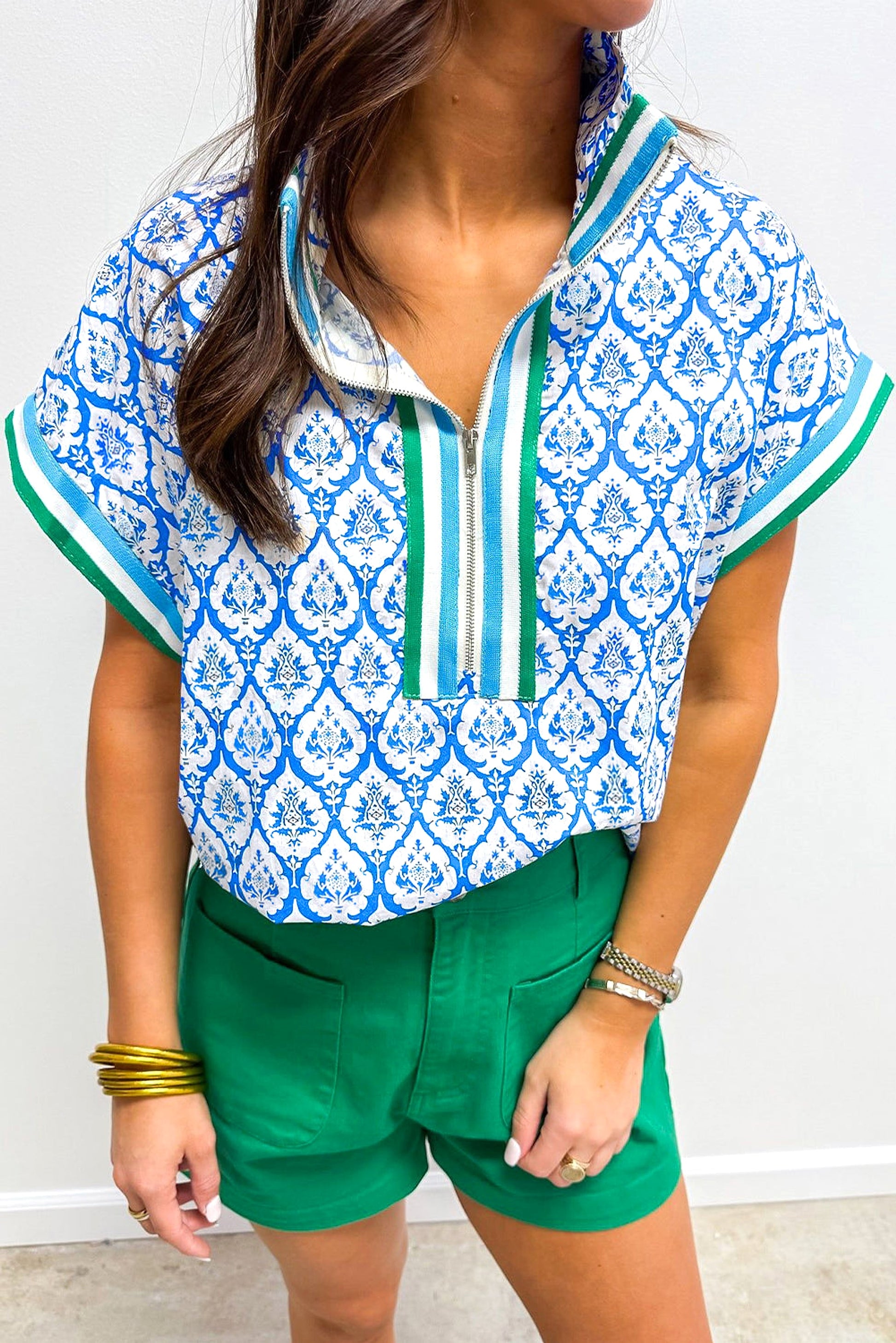 Sky Blue Western Print Zipped Collar Short Sleeve Summer Blouse Top - enhanced image 1