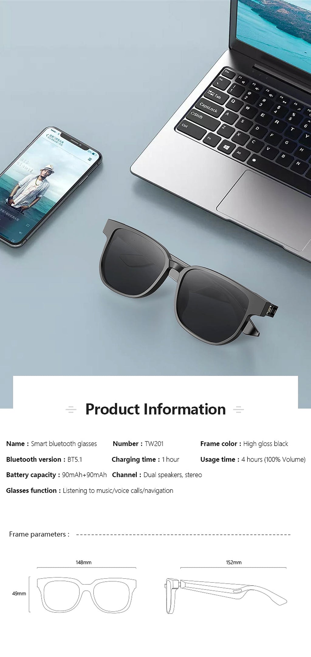 Z. Smart Bluetooth Glasses Call Music Outdoor Accessories - enhanced image 1