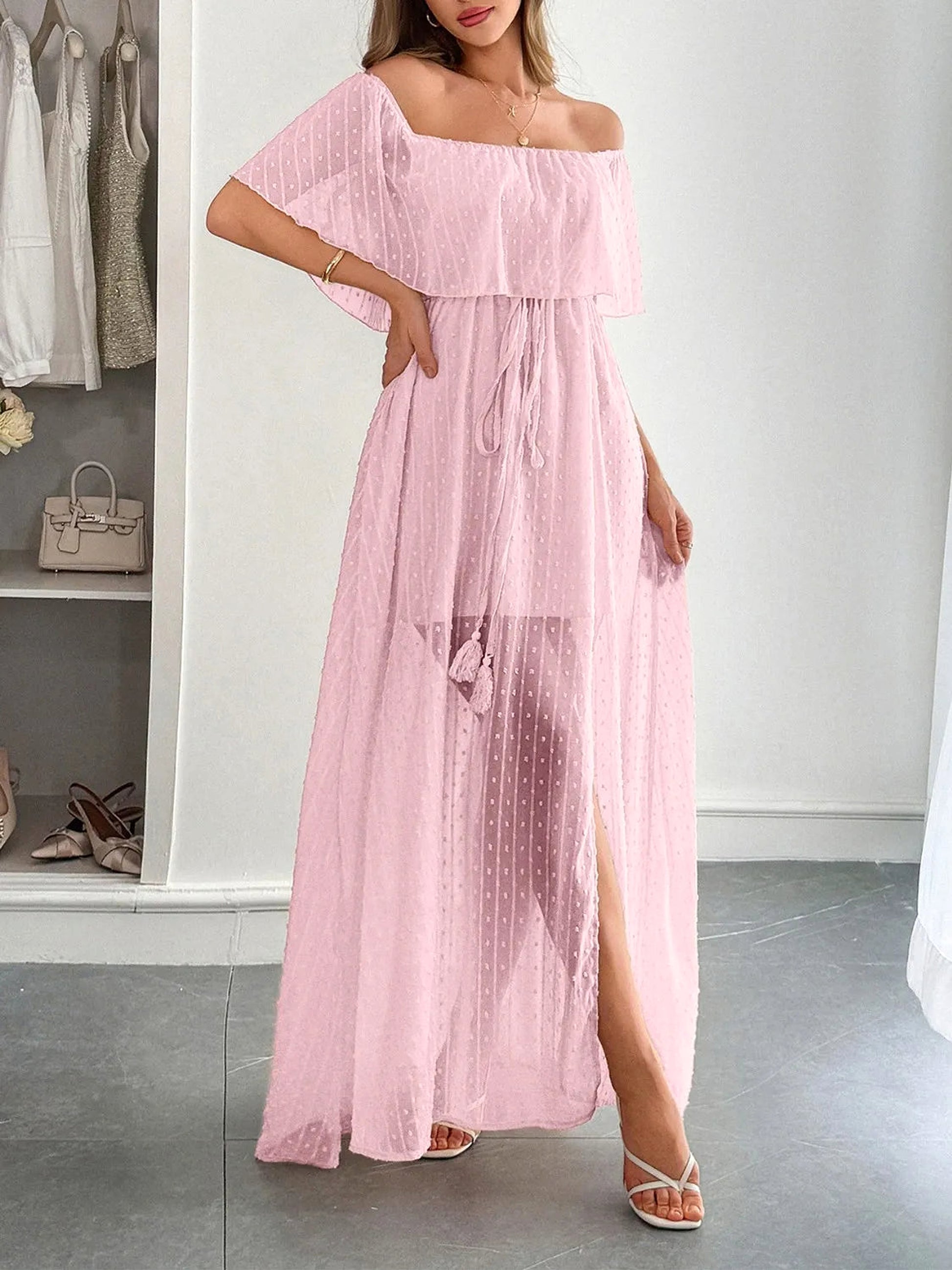 Swiss Dot Off Shoulder Maxi Dress - enhanced image 1