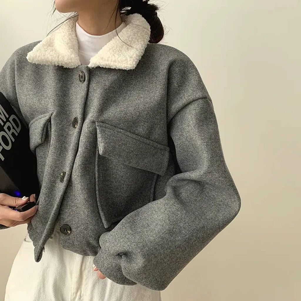 Thickened wool collar jumper for women with long sleeves and double pockets - enhanced image 1