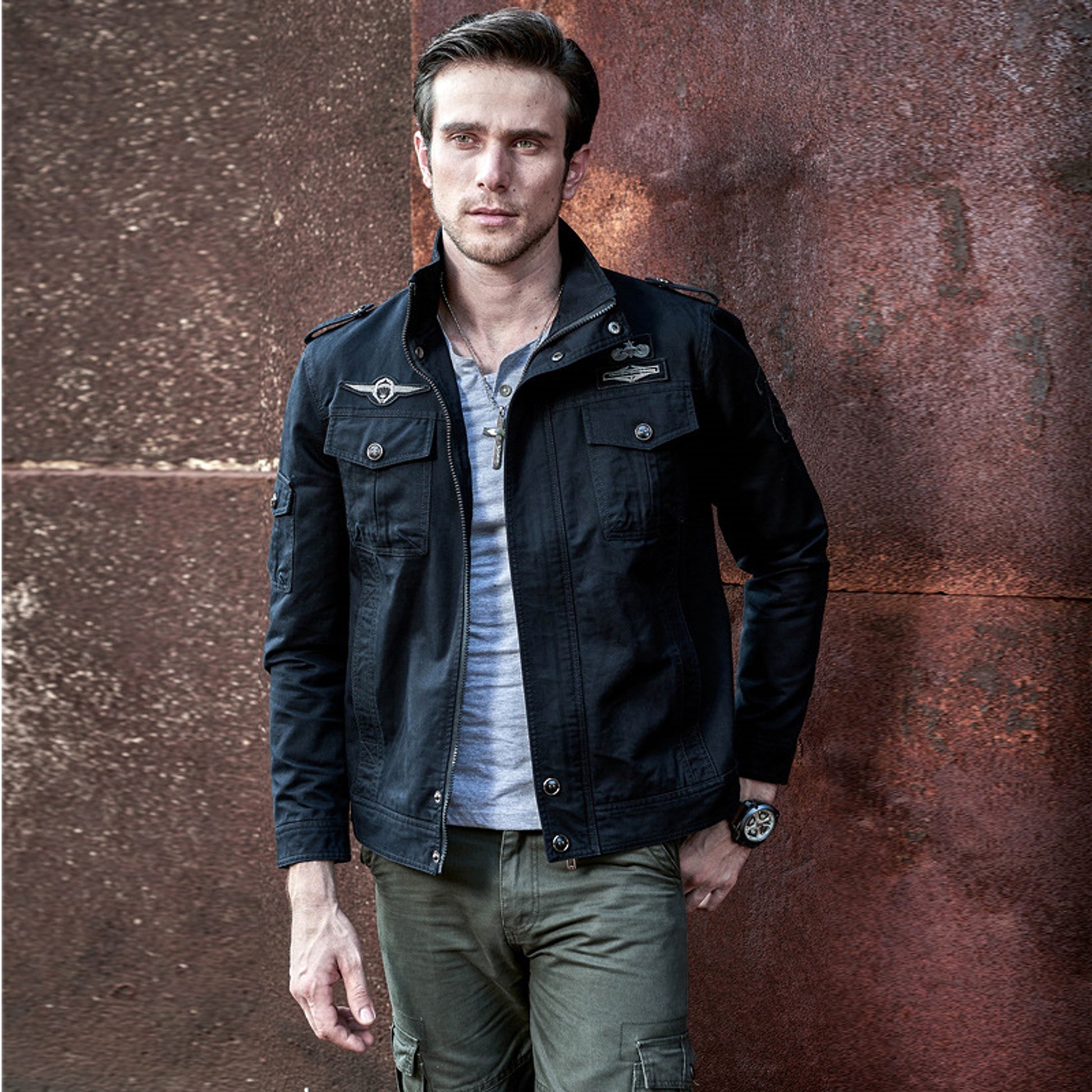 Tough Guy Washed Cotton Motorcycle Jacket Men - enhanced image 1