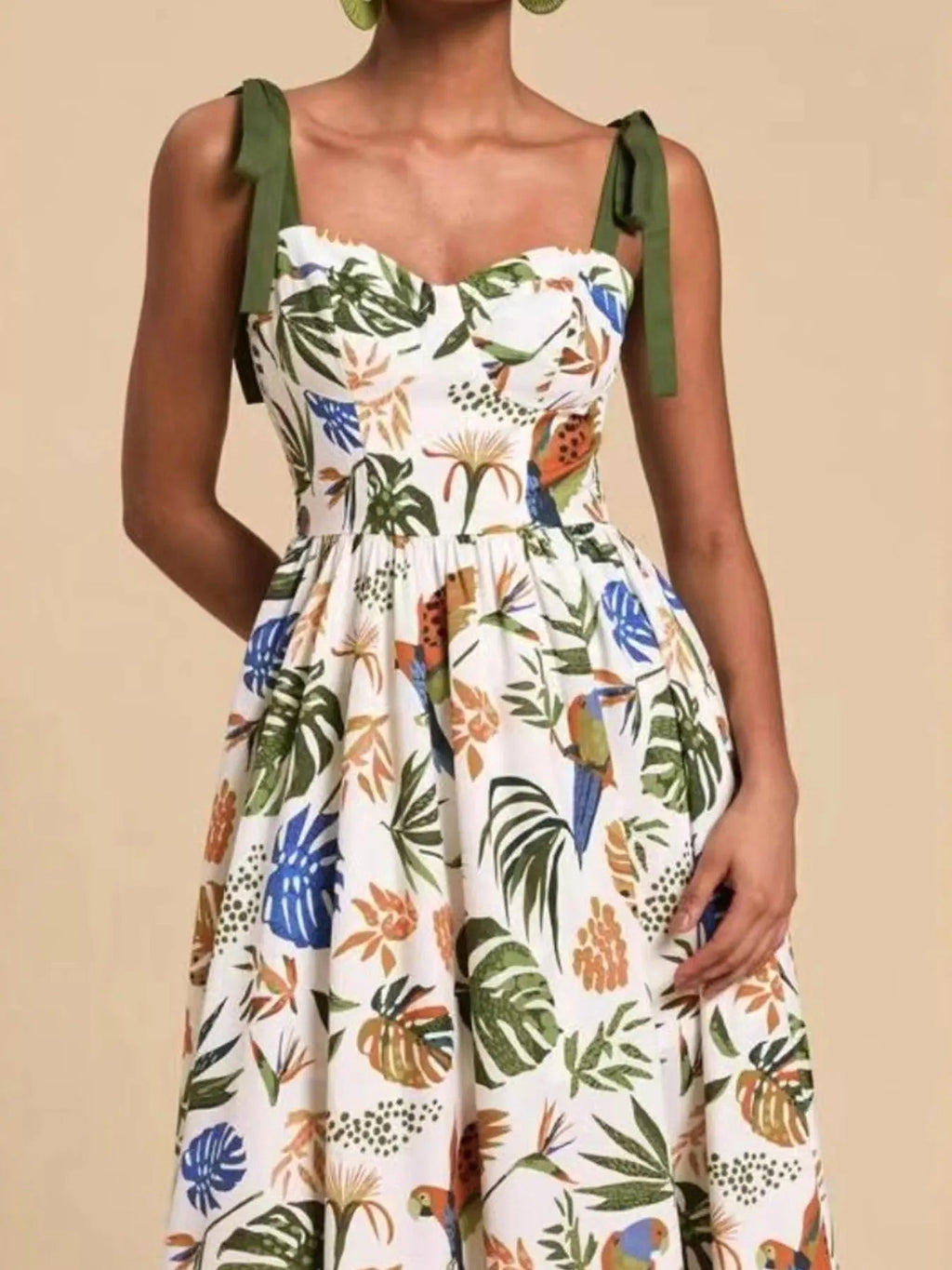 Tropical Print Tie-Shoulder Sweetheart Neck Midi Dress - enhanced image 1