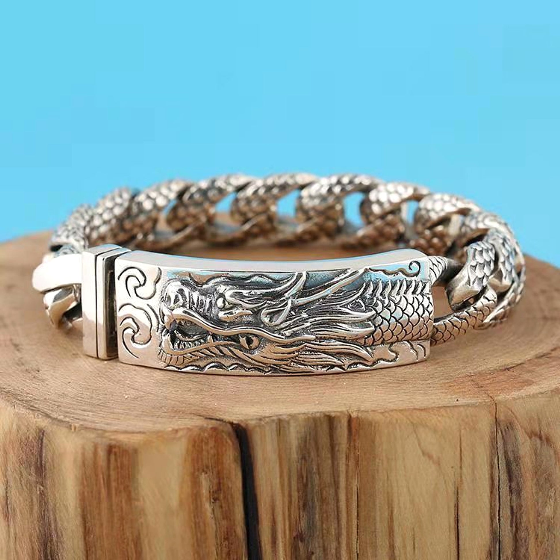 Vintage Dragon Pattern Sculpture Leading Men's Bracelet - enhanced image 1