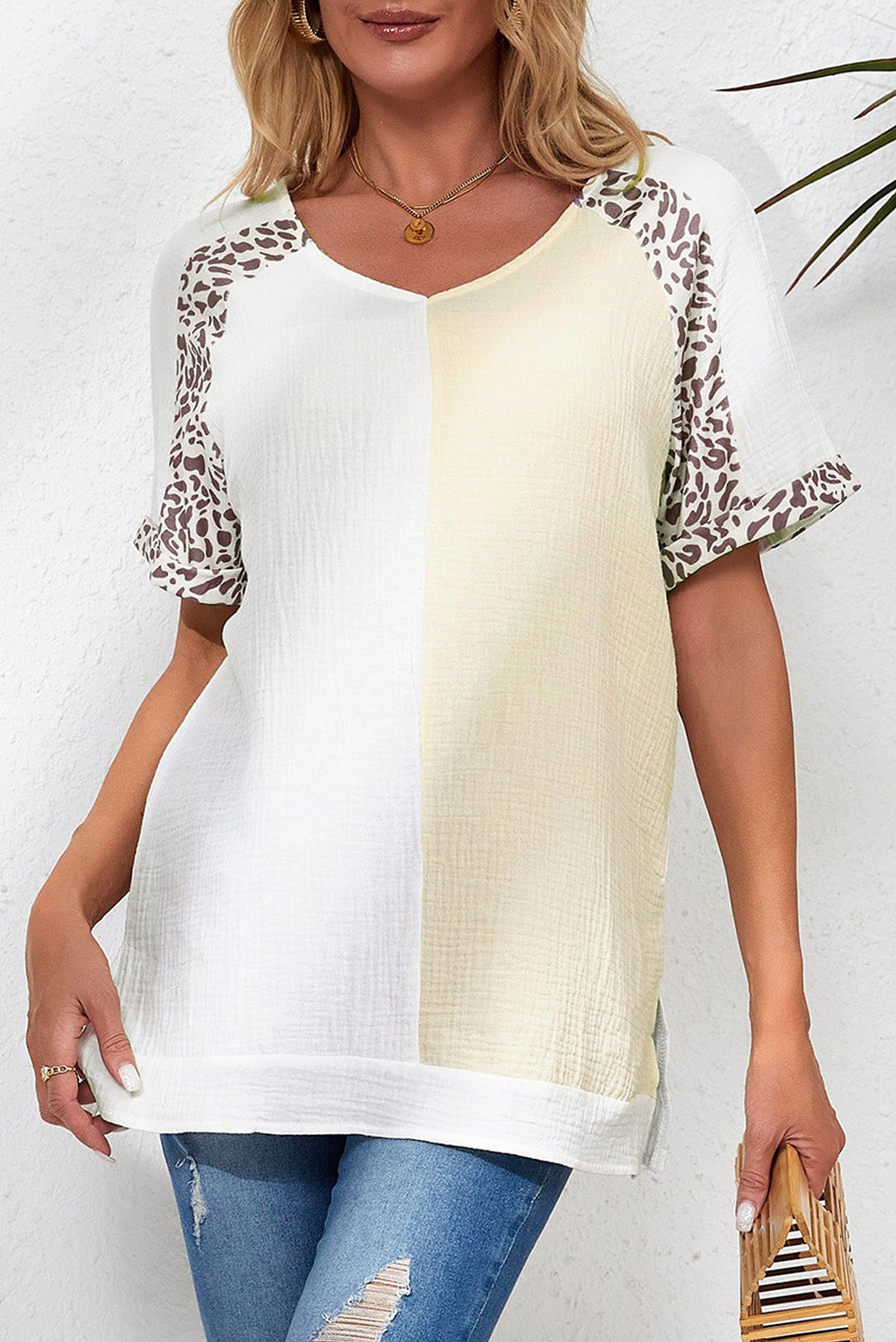 White Distressed Color Patchwork Leopard Trim Blouse - enhanced image 1