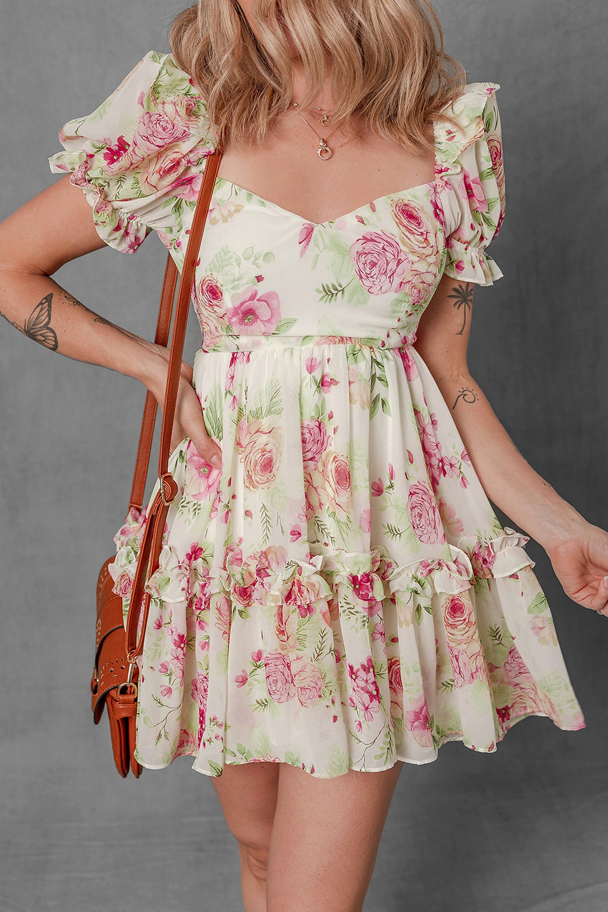 White Vibrant Floral Bubble Sleeve Sweetheart Neck Ruffle Mini Dress - enhanced image 1