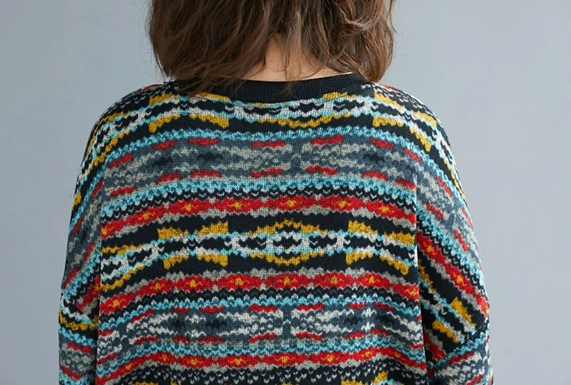 Women's Loose Plush Artistic Warm Striped Round Neck Pullover Knitted Sweater - enhanced image 1