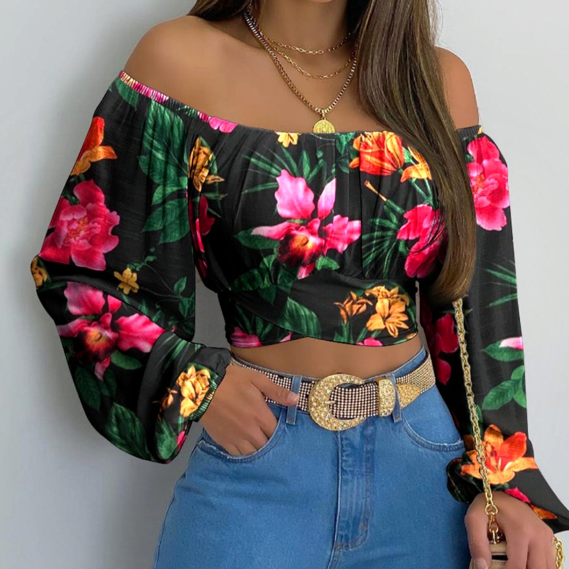 Women's New Off-shoulder Printed Top T-Shirt - enhanced image 1