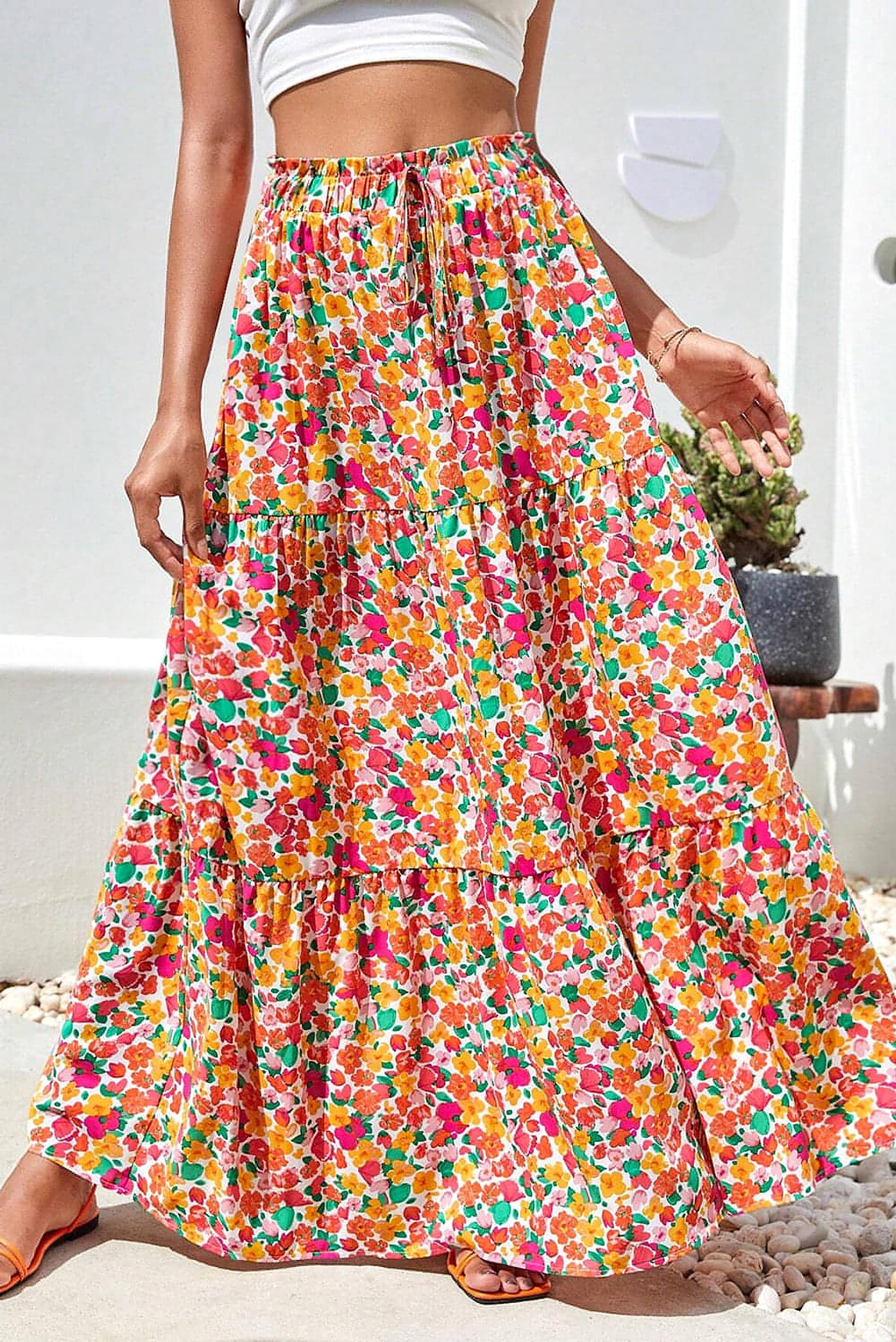 Yellow Boho Floral Print Tiered Long Skirt - enhanced image 1