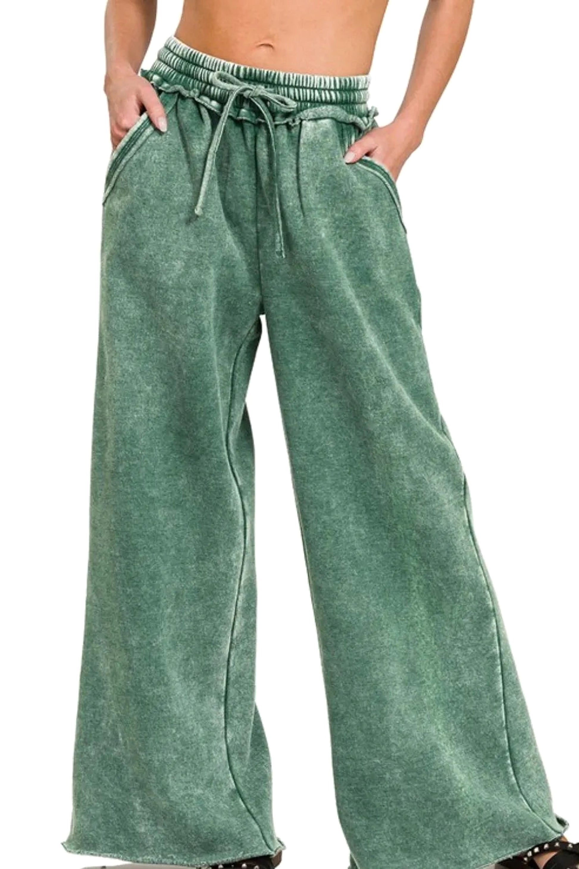 Zenana Acid Wash Fleece Palazzo Sweatpants with Pockets - enhanced image 1
