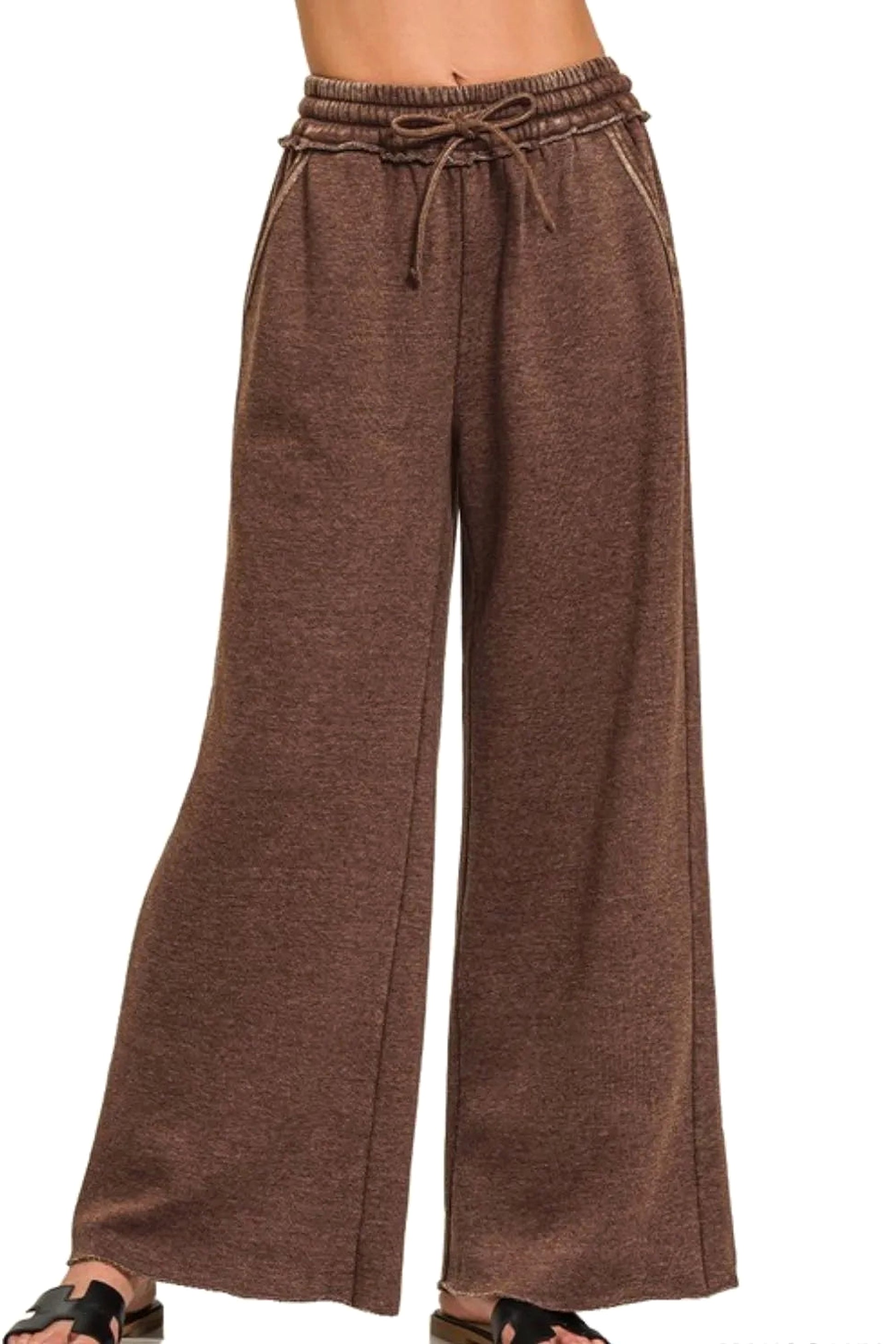 Zenana Acid Wash Fleece Palazzo Sweatpants with Pockets - enhanced image 1