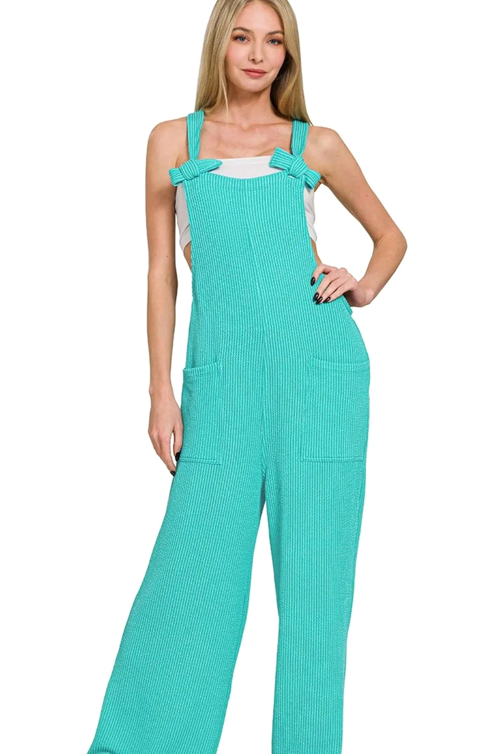 Zenana Corded Rib  Knot Strap Relaxed Fit Overalls - enhanced image 1