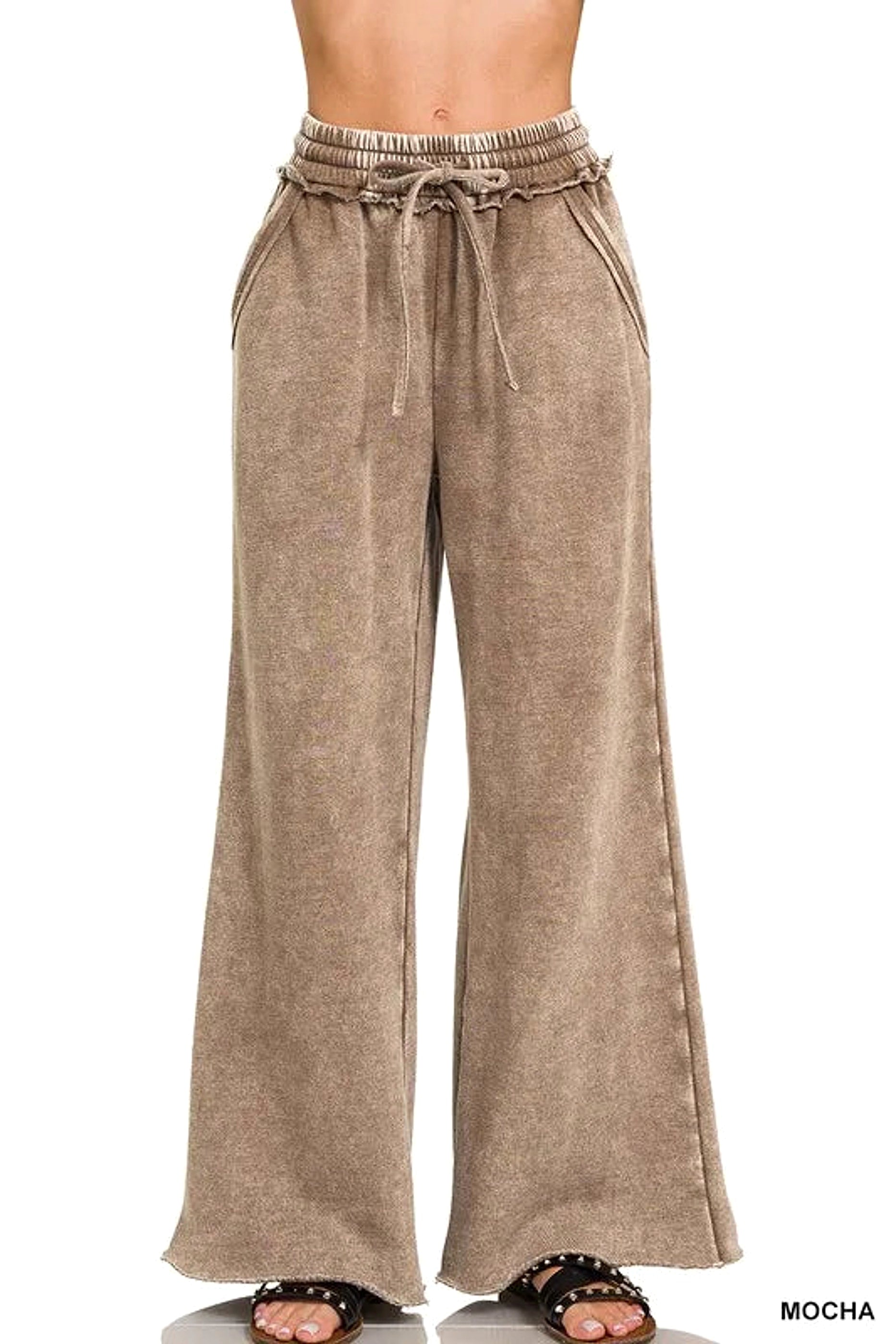 Zenana Full Size Acid Wash Fleece Palazzo Sweatpants with Pockets Plus SIze - enhanced image 1