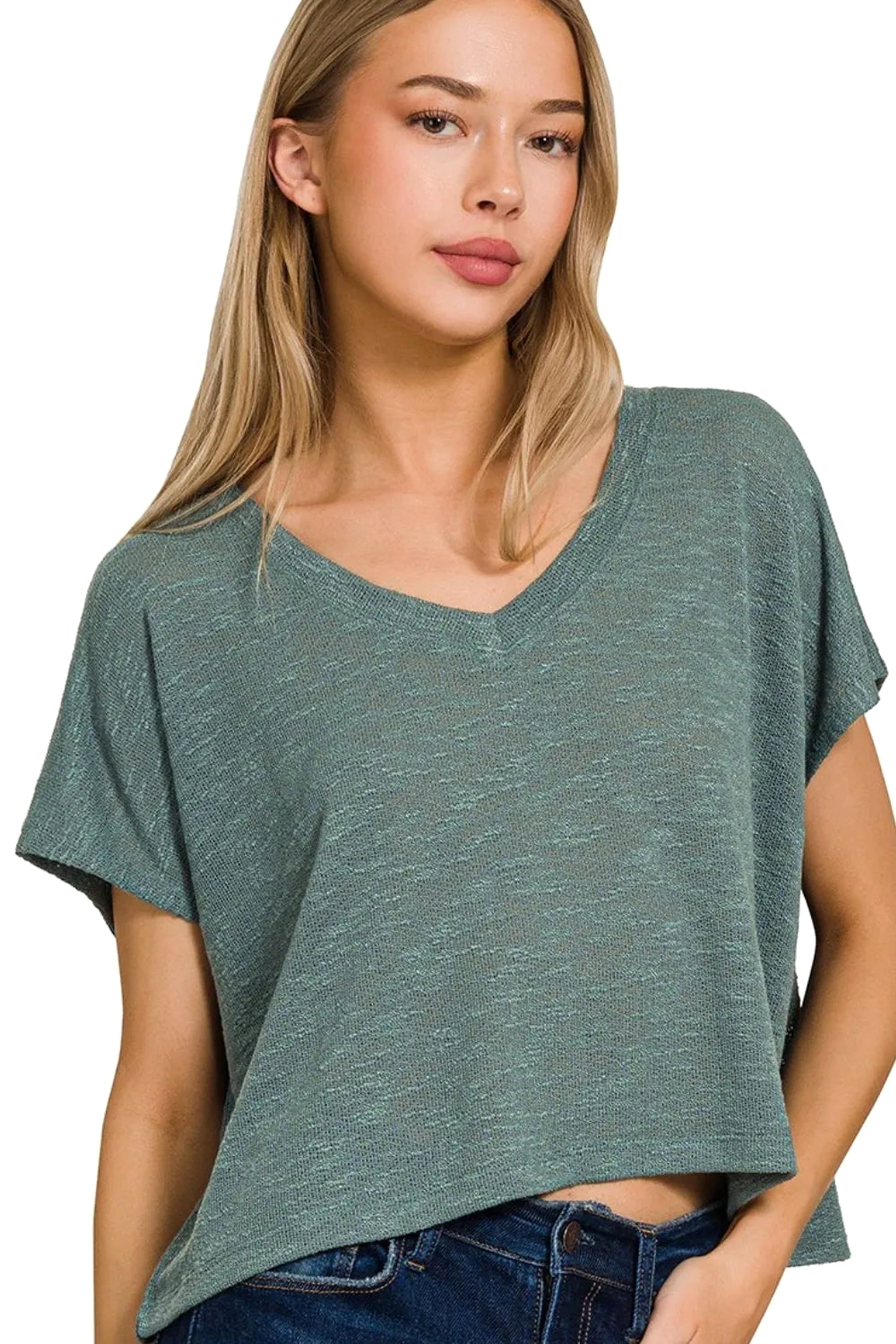 Zenana Hacci Slub V-neck Drop Shoulder Crop Top - enhanced image 1