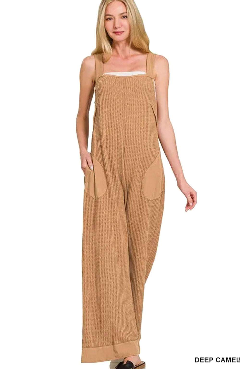 Zenana Knit Waffle Wide Leg Overalls - enhanced image 1