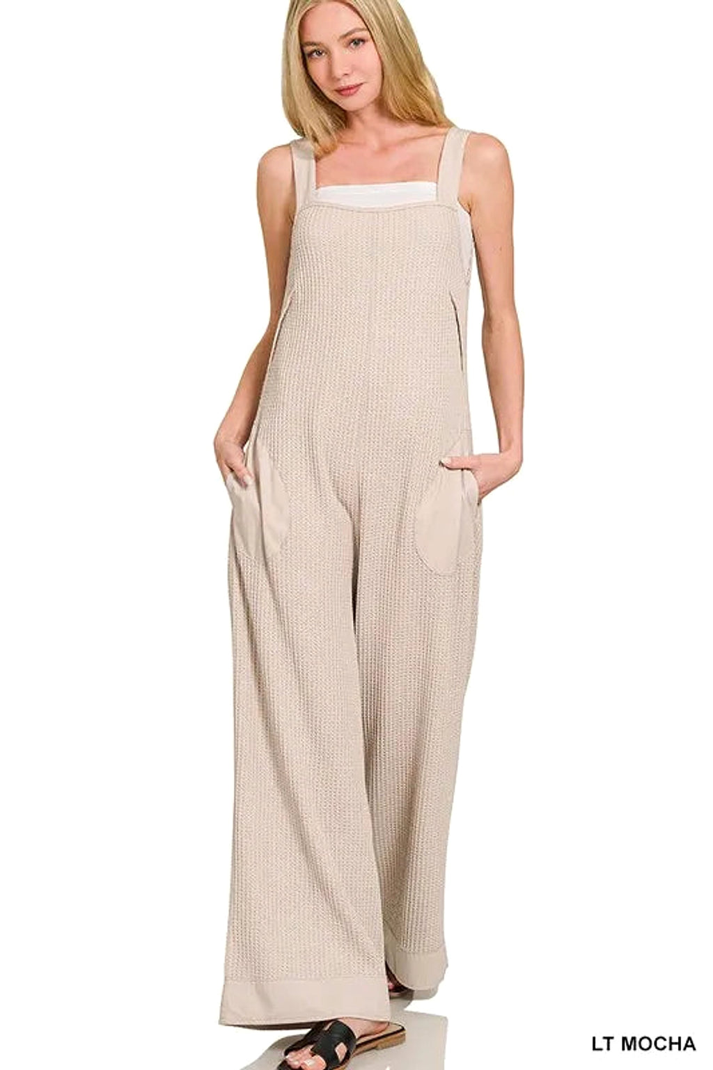 Zenana Knit Waffle Wide Leg Overalls - enhanced image 1