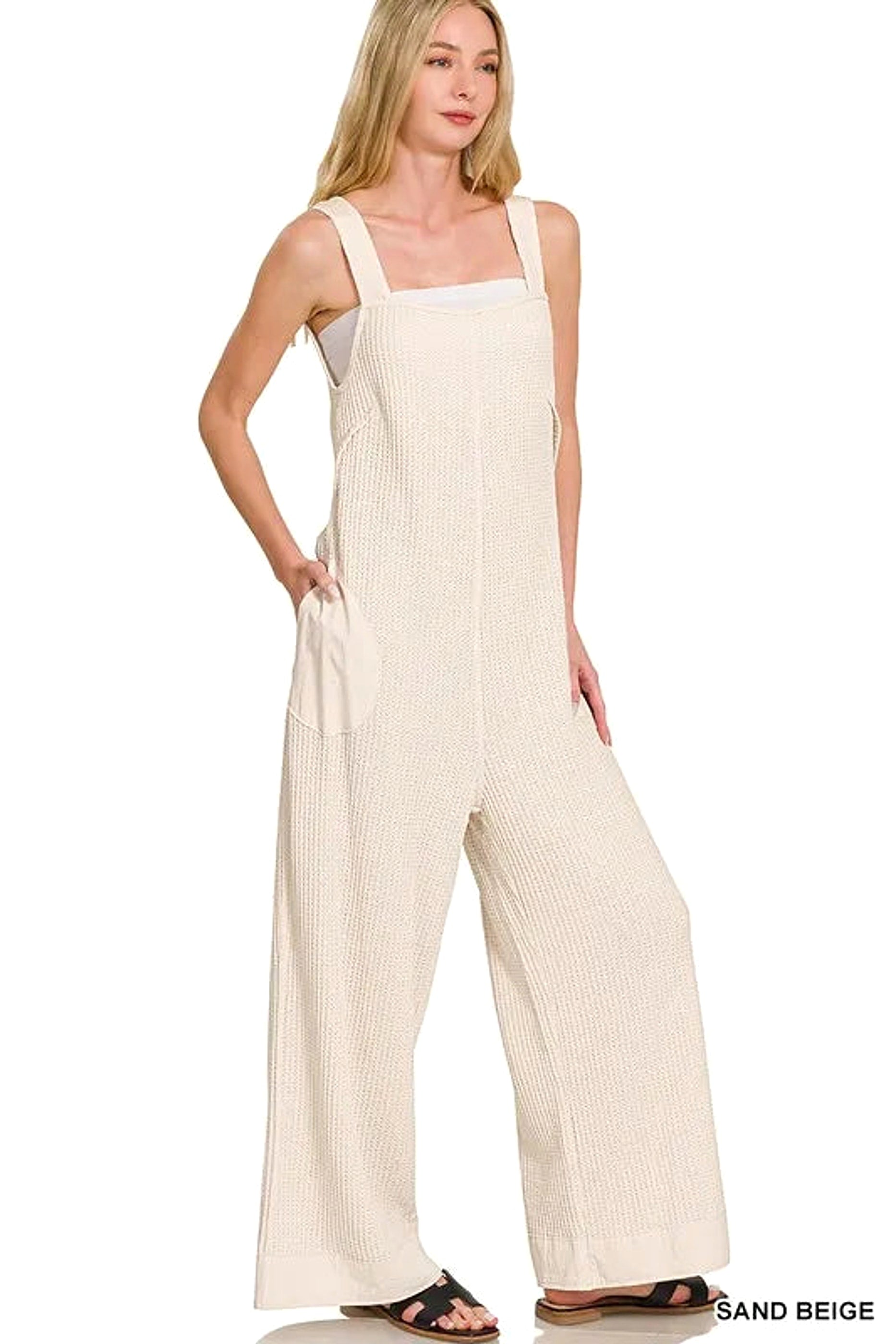 Zenana Knit Waffle Wide Leg Overalls - enhanced image 1