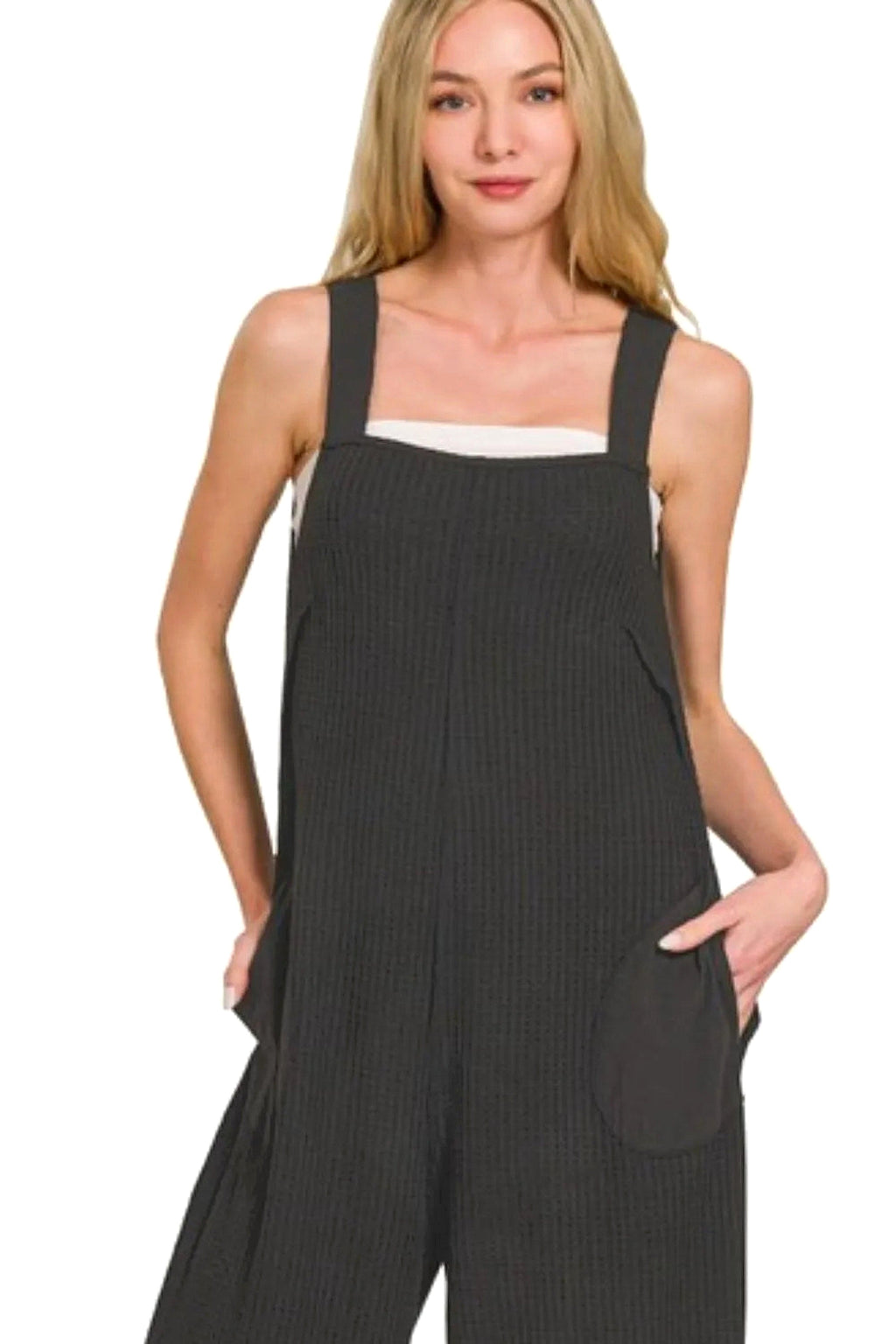 Zenana Knit Waffle Wide Leg Overalls - enhanced image 1
