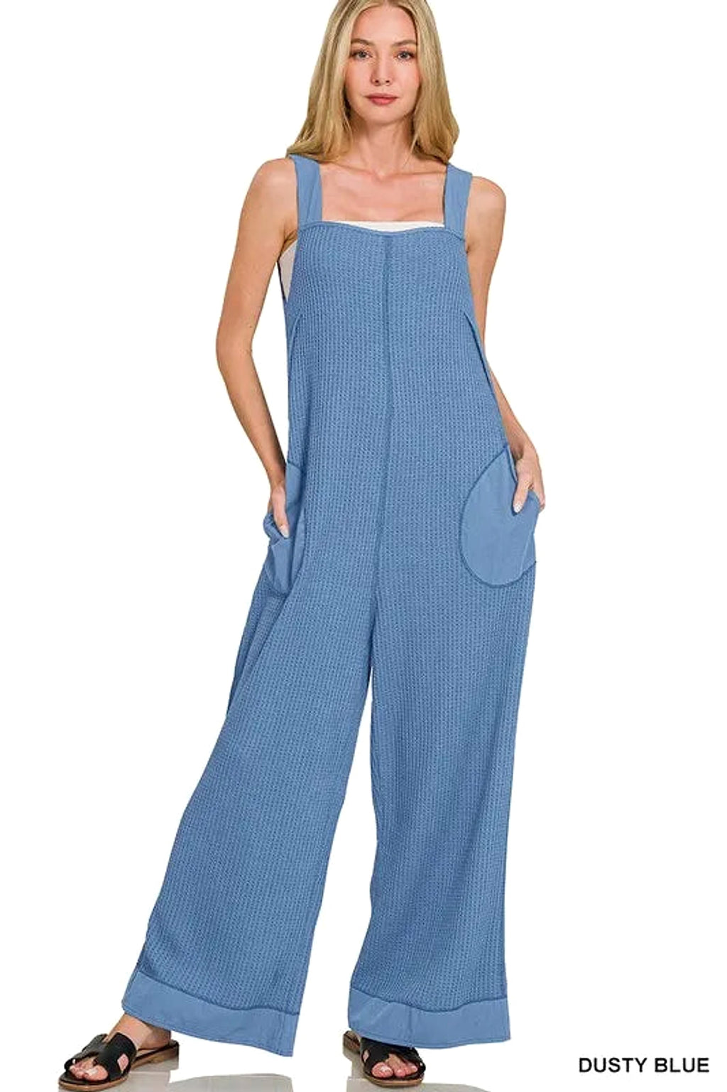 Zenana Knit Waffle Wide Leg Overalls - enhanced image 1
