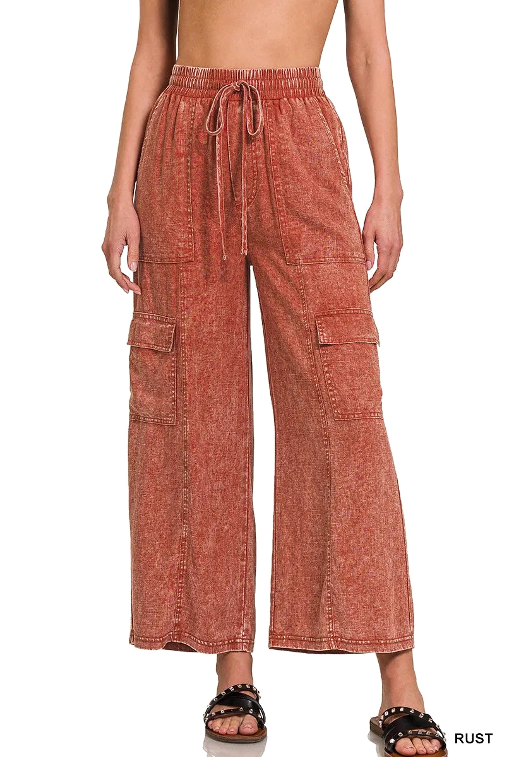 Zenana Washed Linen Elastic Band Waist Cargo Pants - enhanced image 1