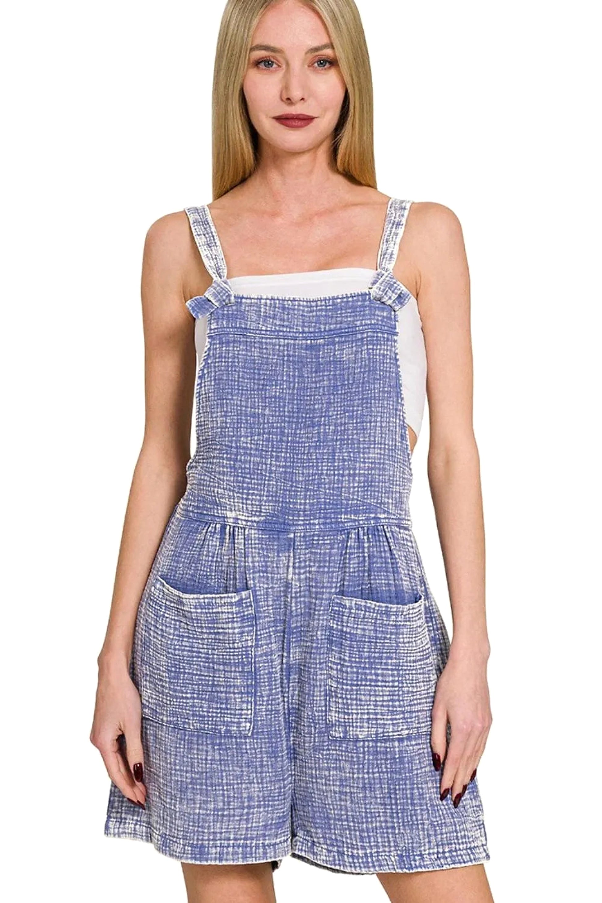 Zenana Woven Double Gauze Acid Washed Romper - enhanced image 1