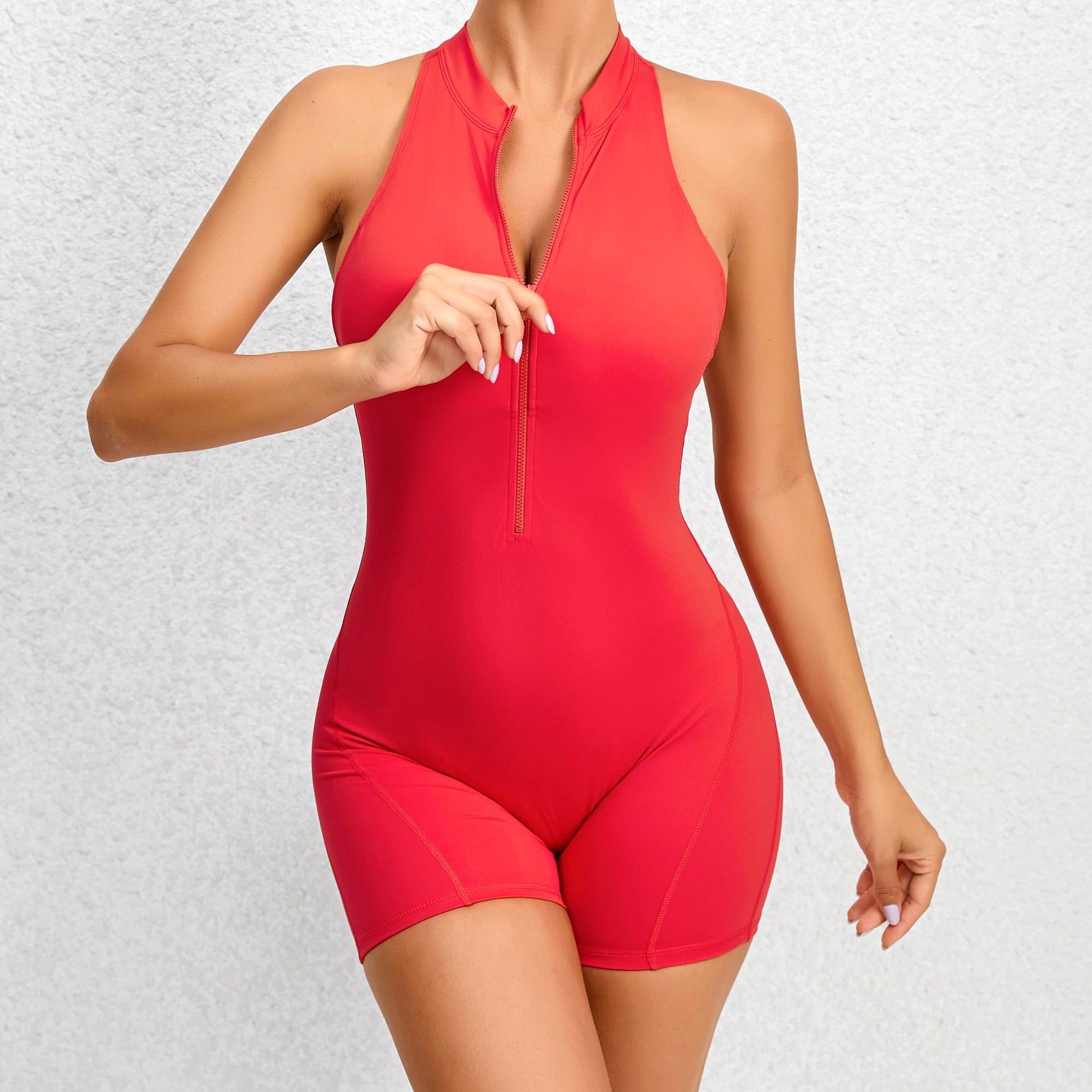 A1. Zippered Yoga Fitness Shorts Jumpsuit Leggings - enhanced image 1