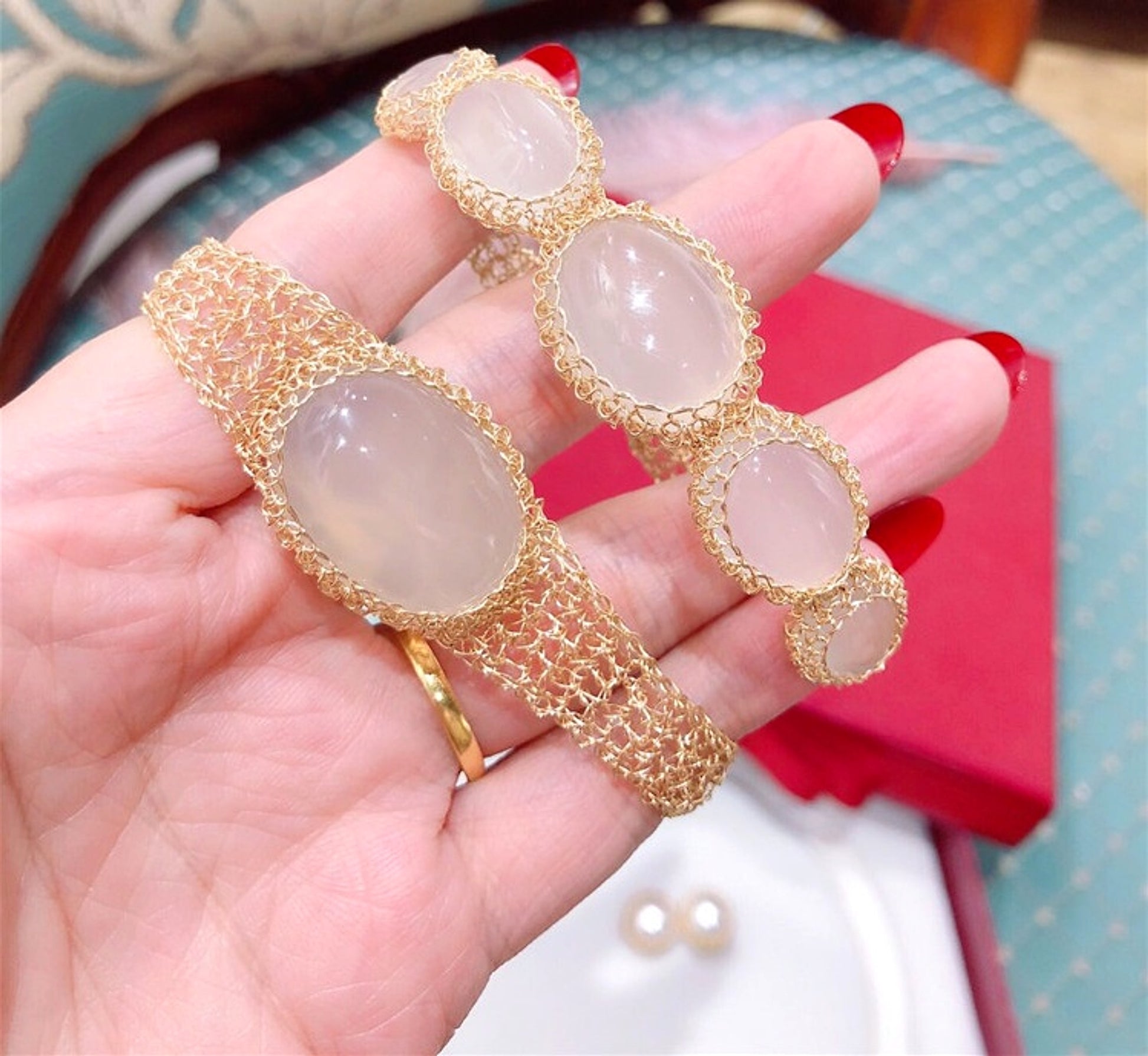 14k Gold Wire Natural White Chalcedony Bracelet - enhanced image 2
