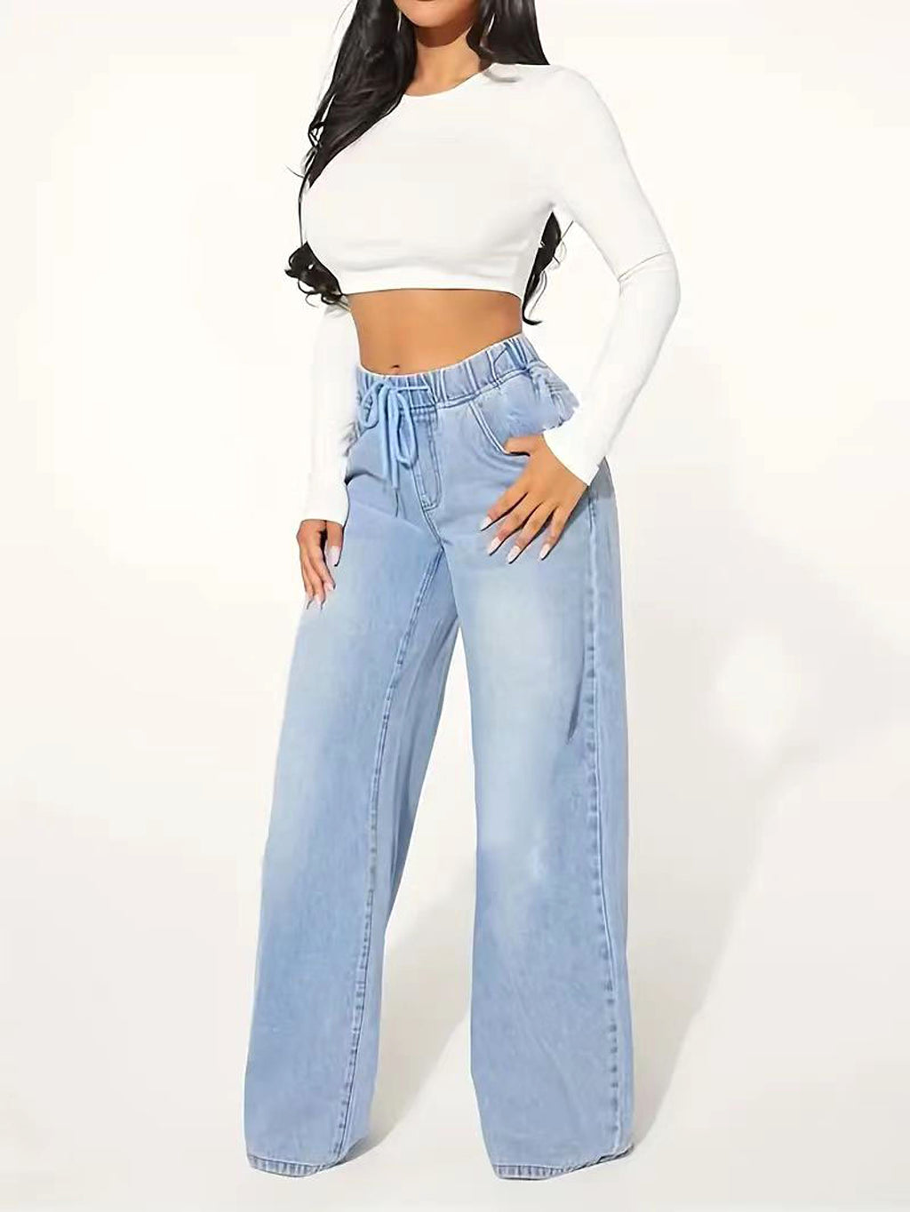 25 Edition – High Waist Drawstring Wide Leg Jeans – Light Blue - enhanced image 2