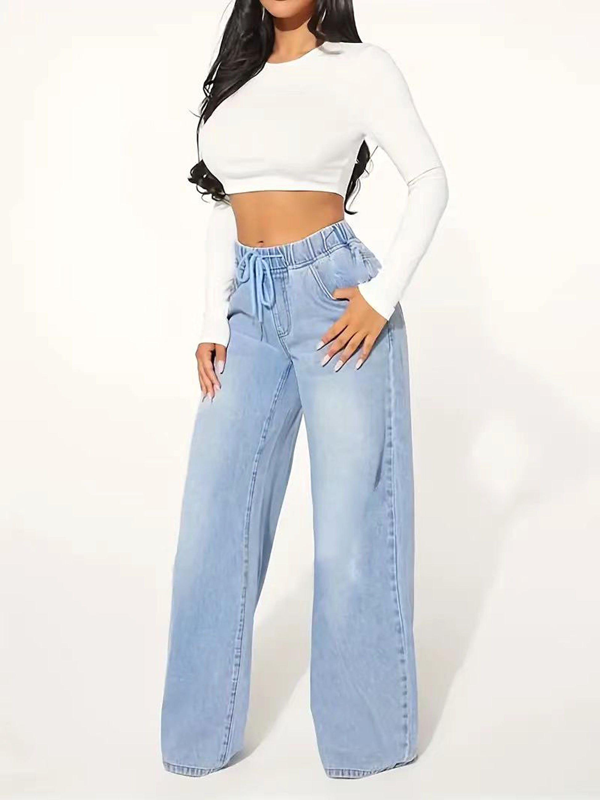 25 Edition – High Waist Drawstring Wide Leg Jeans – Light Blue - enhanced image 2