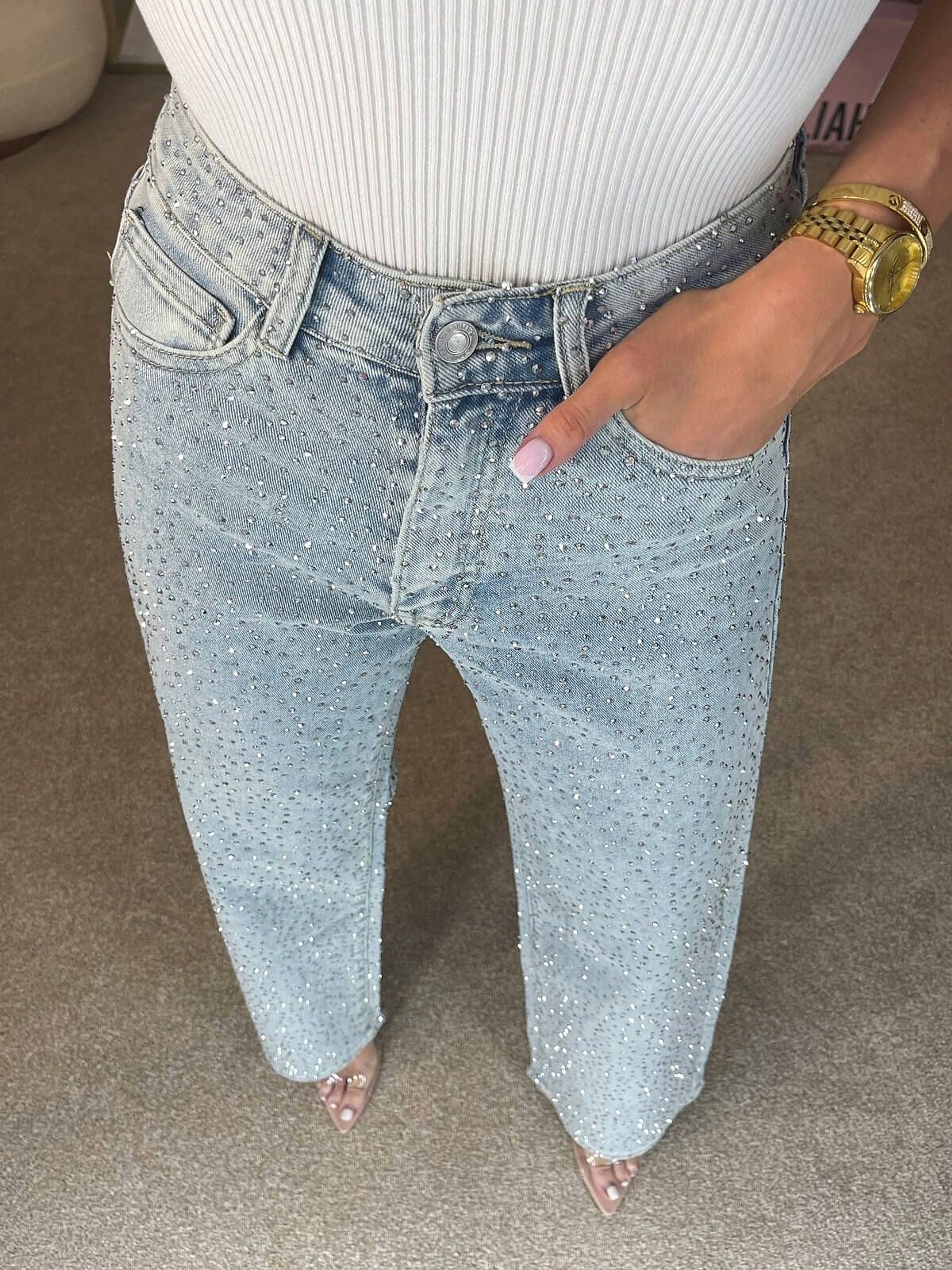 25 Edition – Women’s High Waist Straight Street Jeans with Glitter Details - enhanced image 2