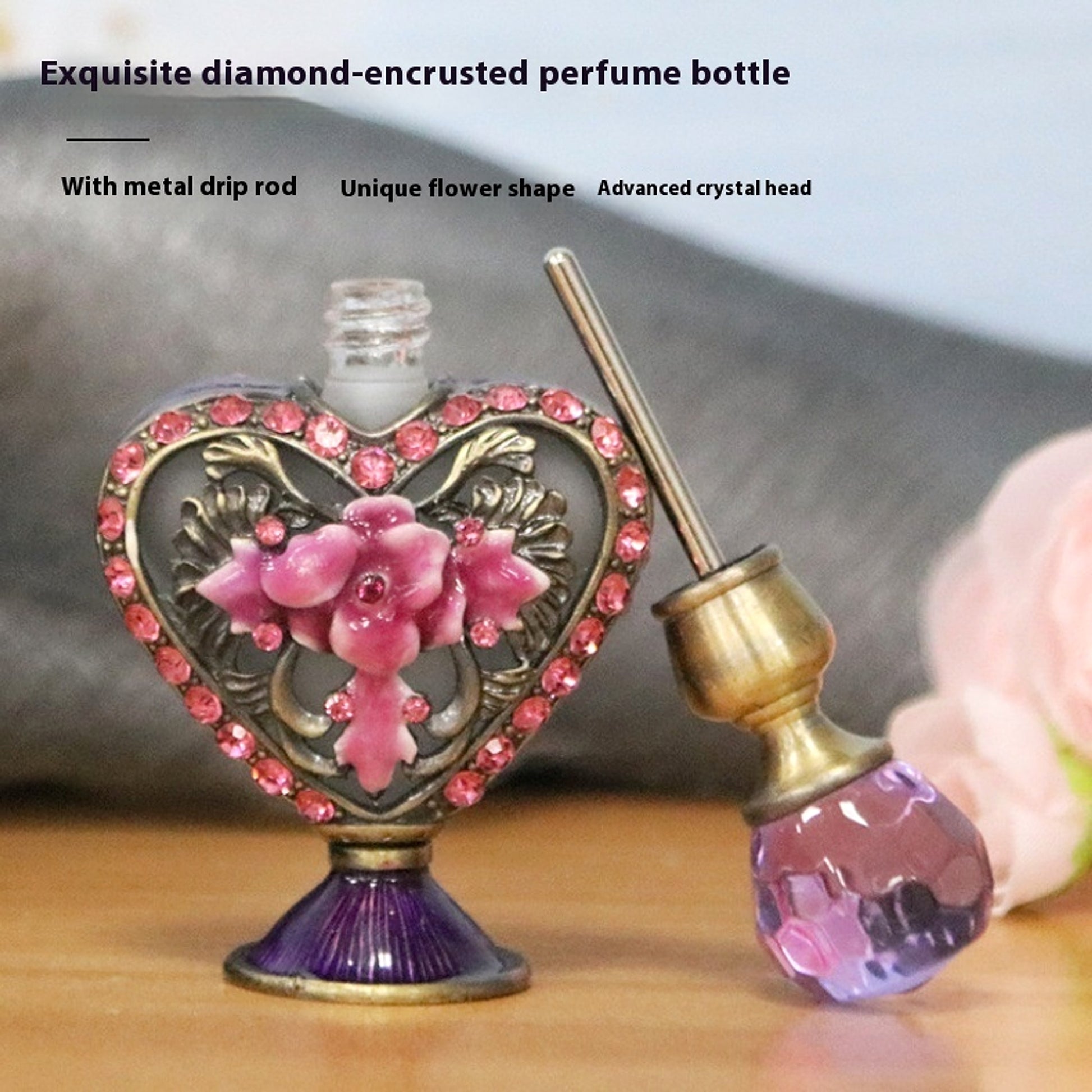 Magical 4ml Small Heart-shaped Hand Painting Flower Rhinestone-embedded Perfume Bottle - enhanced image 2