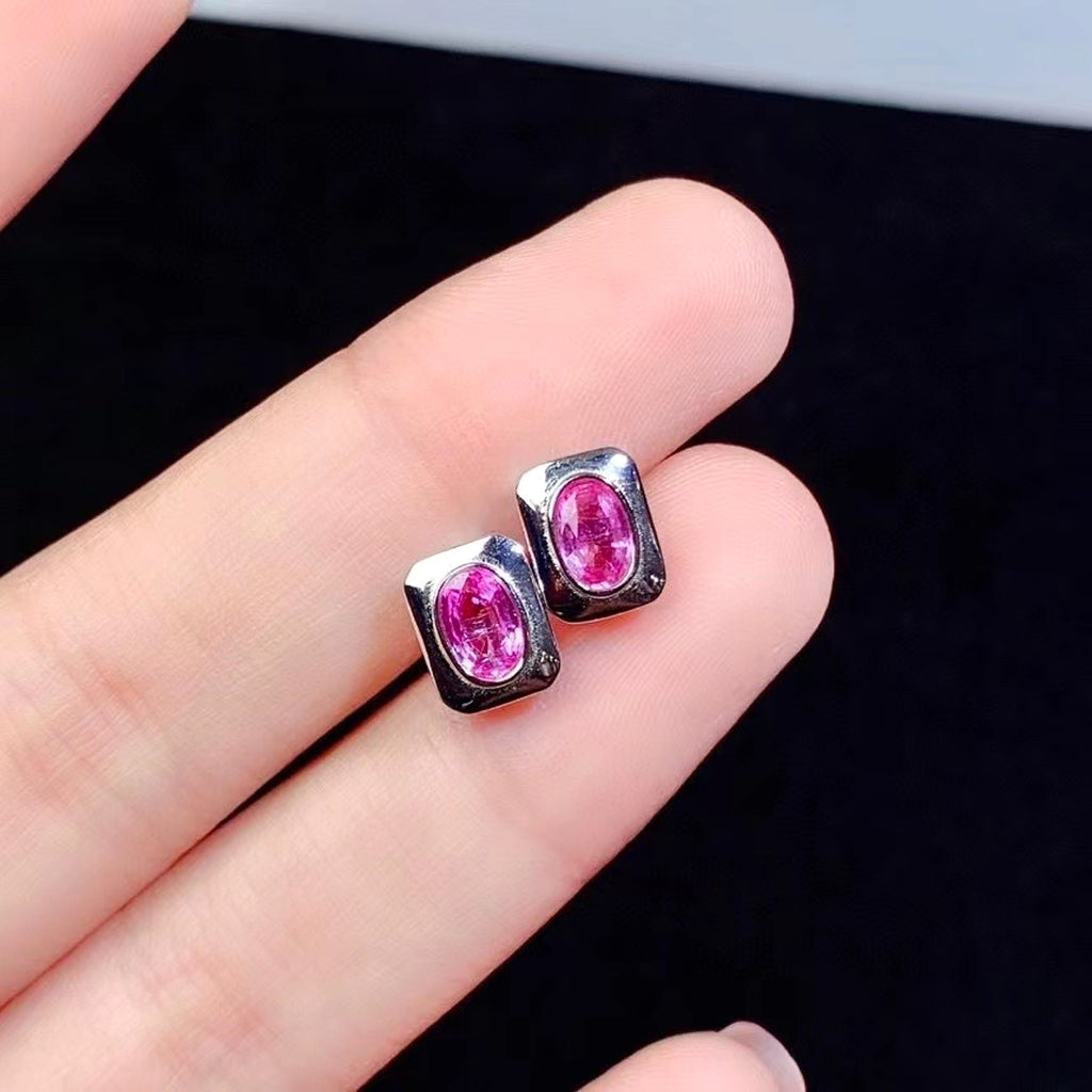 925 Silver Inlaid Natural Sapphire Stud Earrings - enhanced image 2