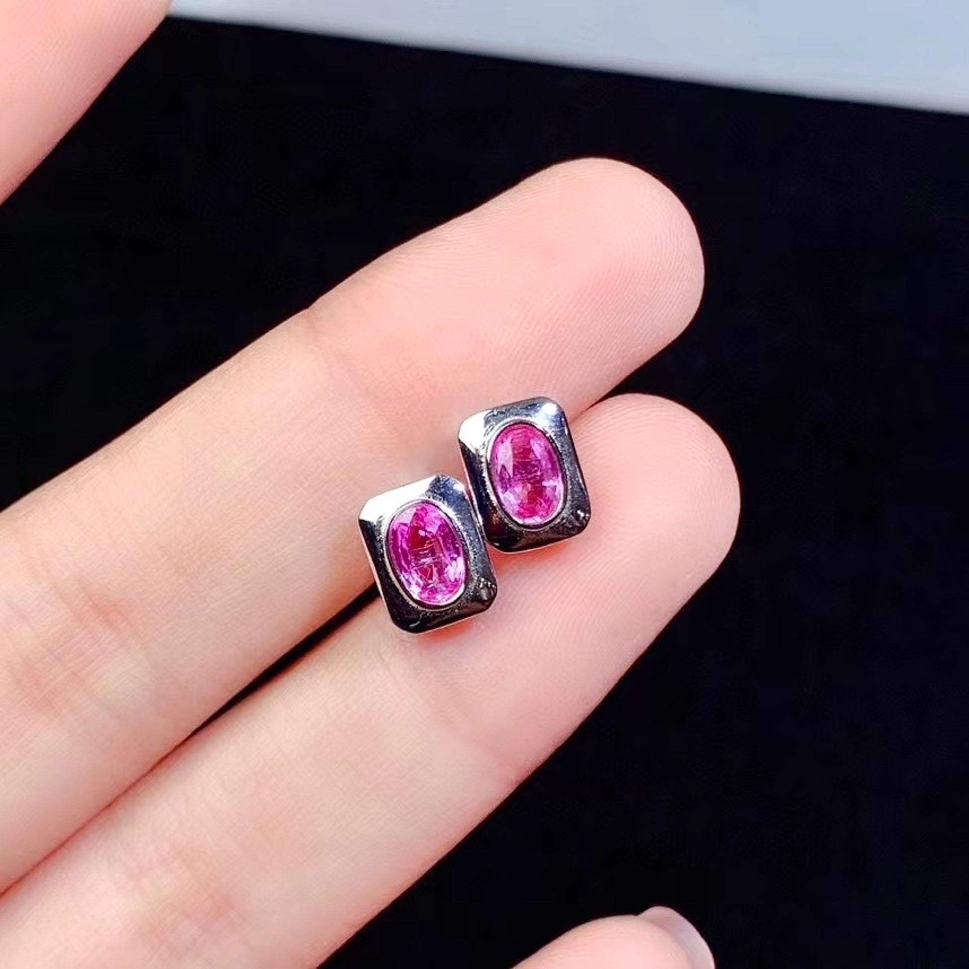 925 Silver Inlaid Natural Sapphire Stud Earrings - enhanced image 2