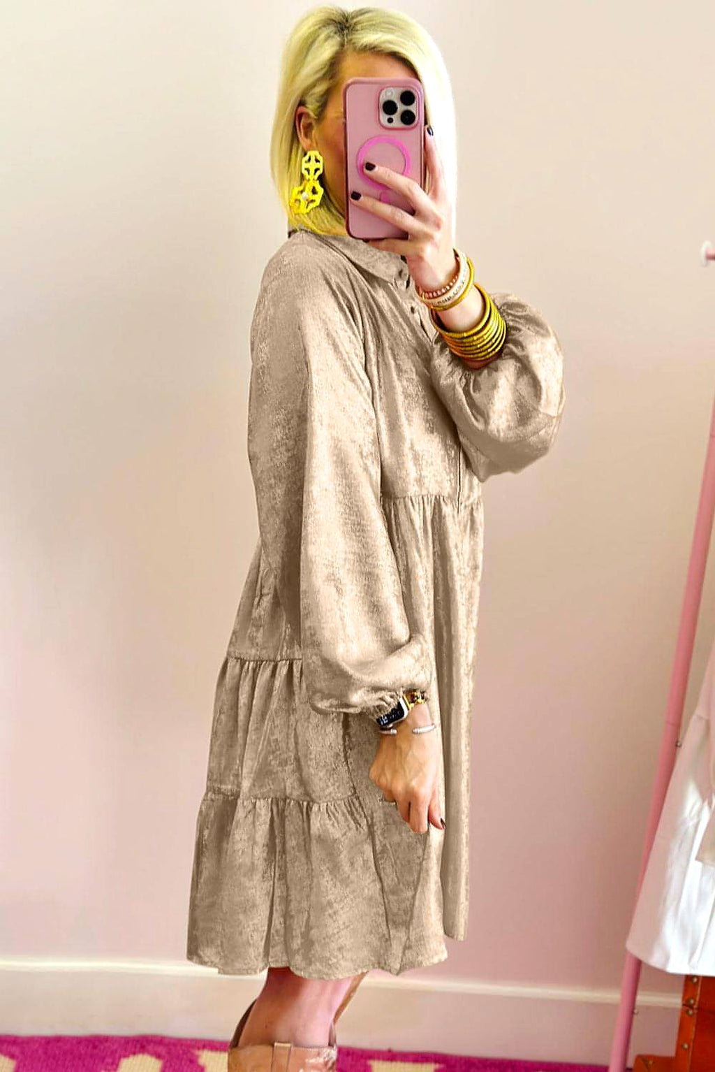 Apricot Metallic Sheen Puff Sleeve Button Up Mini Shirt Dress - enhanced image 2