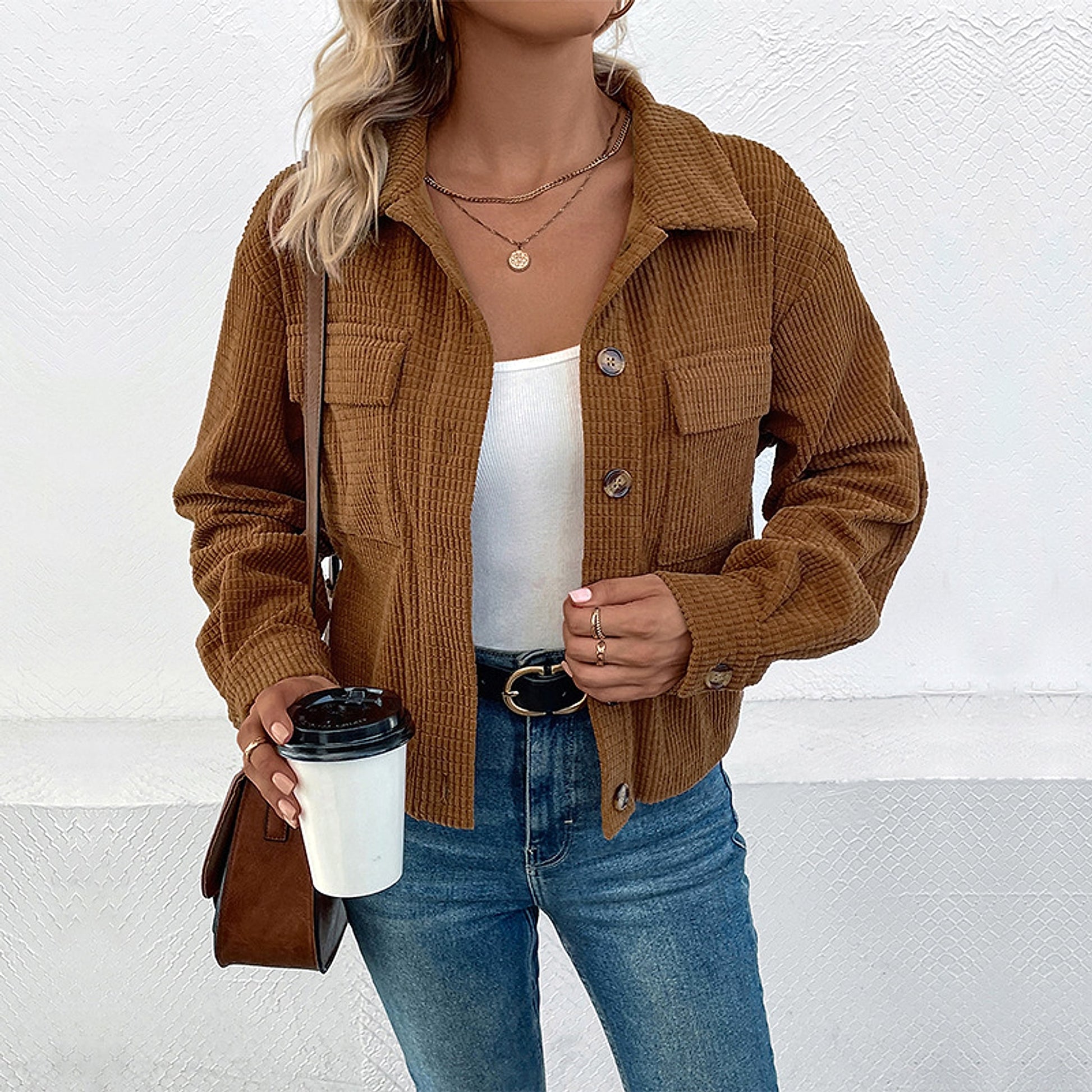 Autumn And Winter Corduroy Polo Collar Jacket Vintage Brown Pocket Coat Women - enhanced image 2