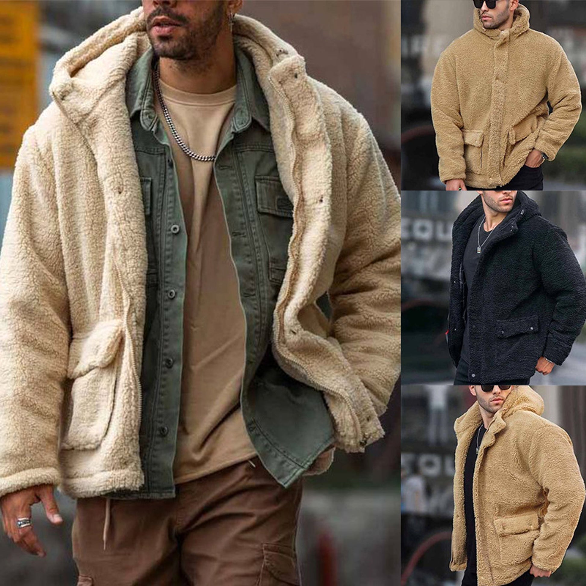 Autumn And Winter Men's Hooded Solid Color Coat Jacket Polar Fleece European And American Leisure Trendy - enhanced image 2