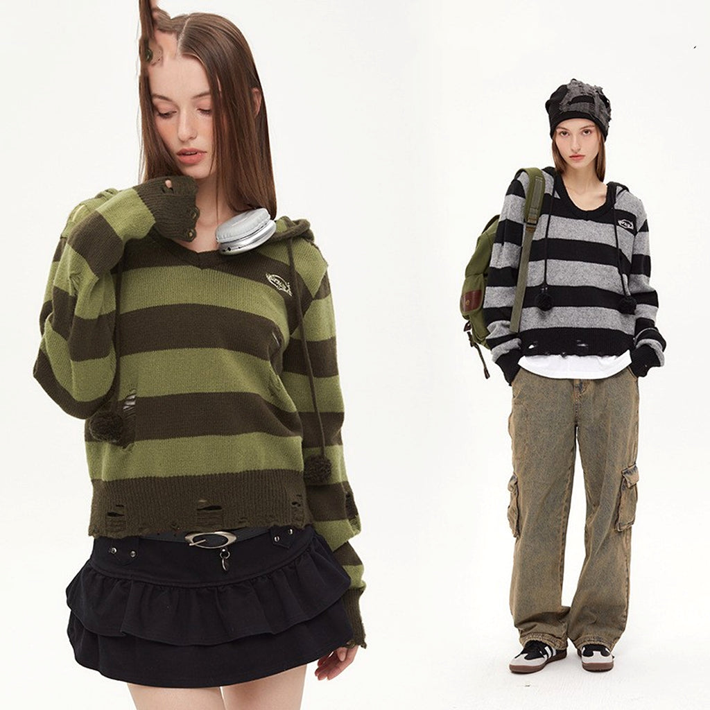 Autumn Hooded Sweater Women Contrast Stripe Thin - enhanced image 2