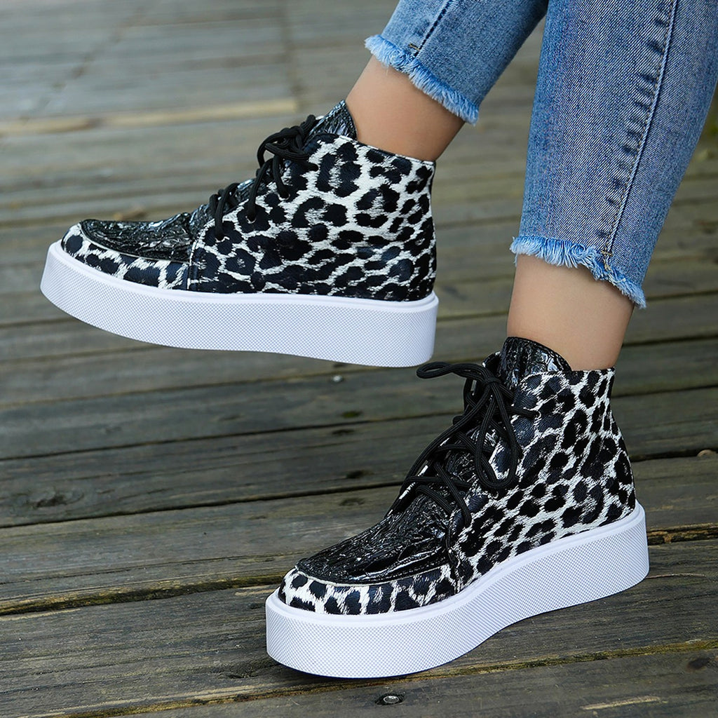 Autumn New High-top Leopard Print Flat-heeled Platform Lace Color Block Casual Women's Shoes - enhanced image 2