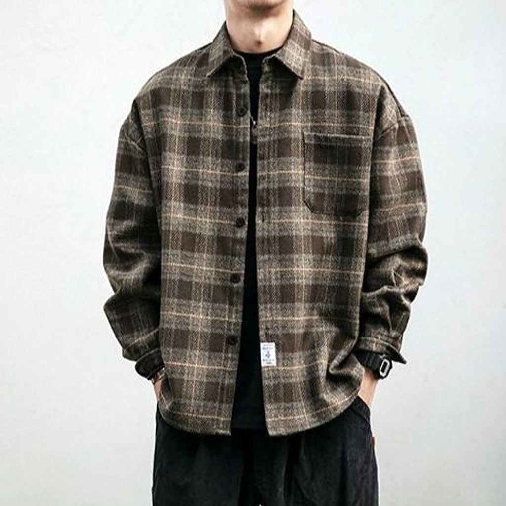 Autumn Winter Retro Sanding Padded Plaid DressShirt Men - enhanced image 2