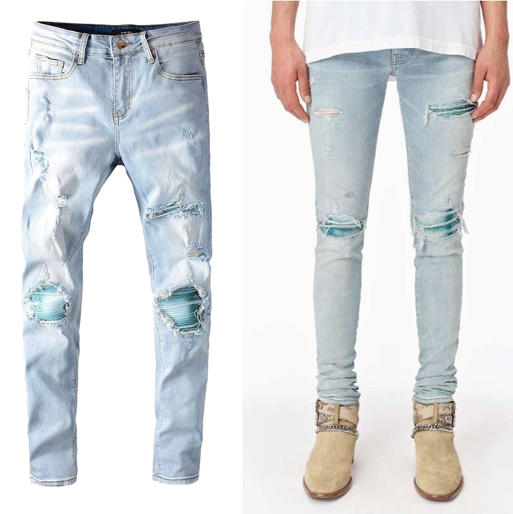 Baby Blue Wash Water Worn Patch Torn Jeans Male - enhanced image 2