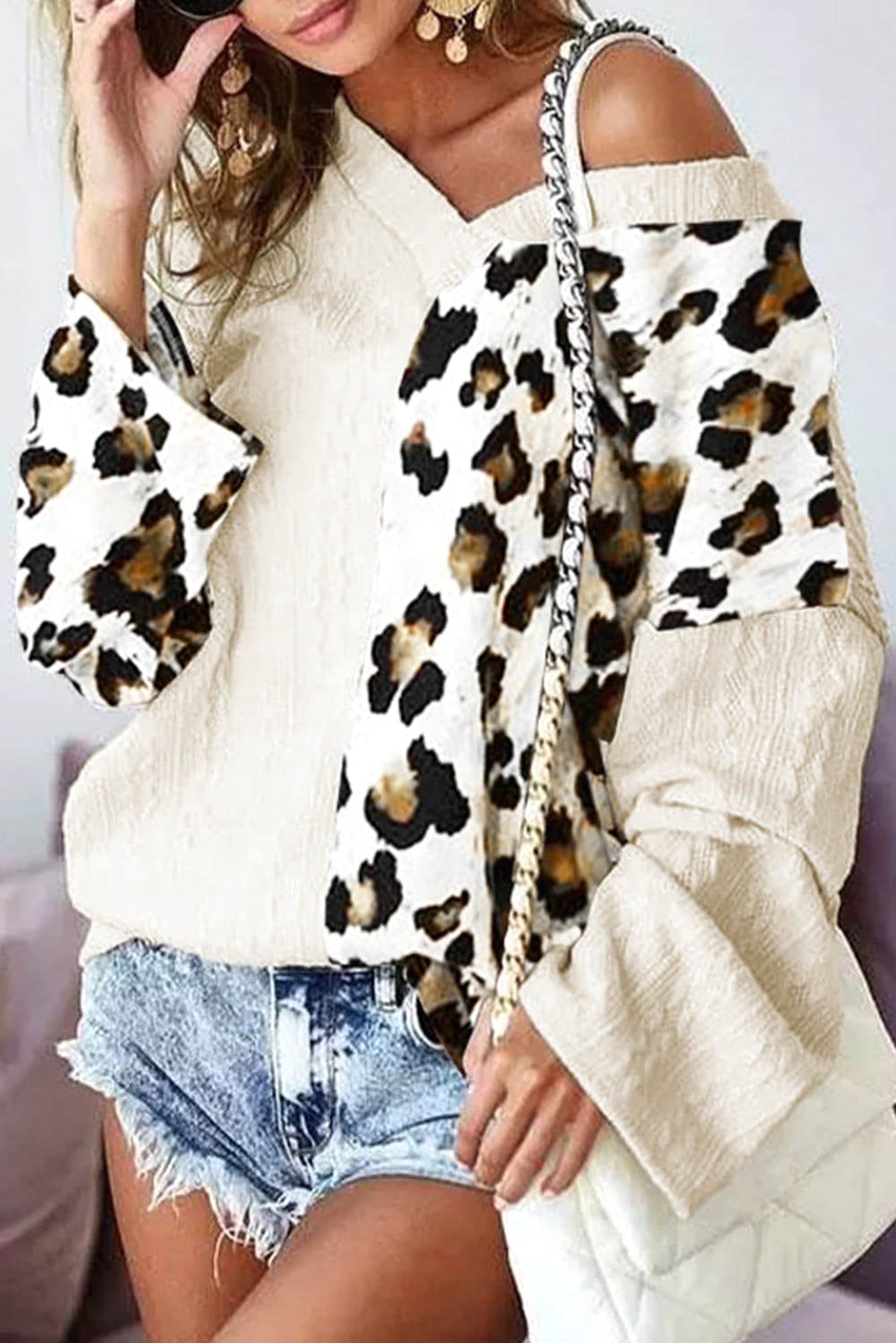 Beige Asymmetric Leopard Patchwork Wide Sleeve V Neck Sweater - enhanced image 2