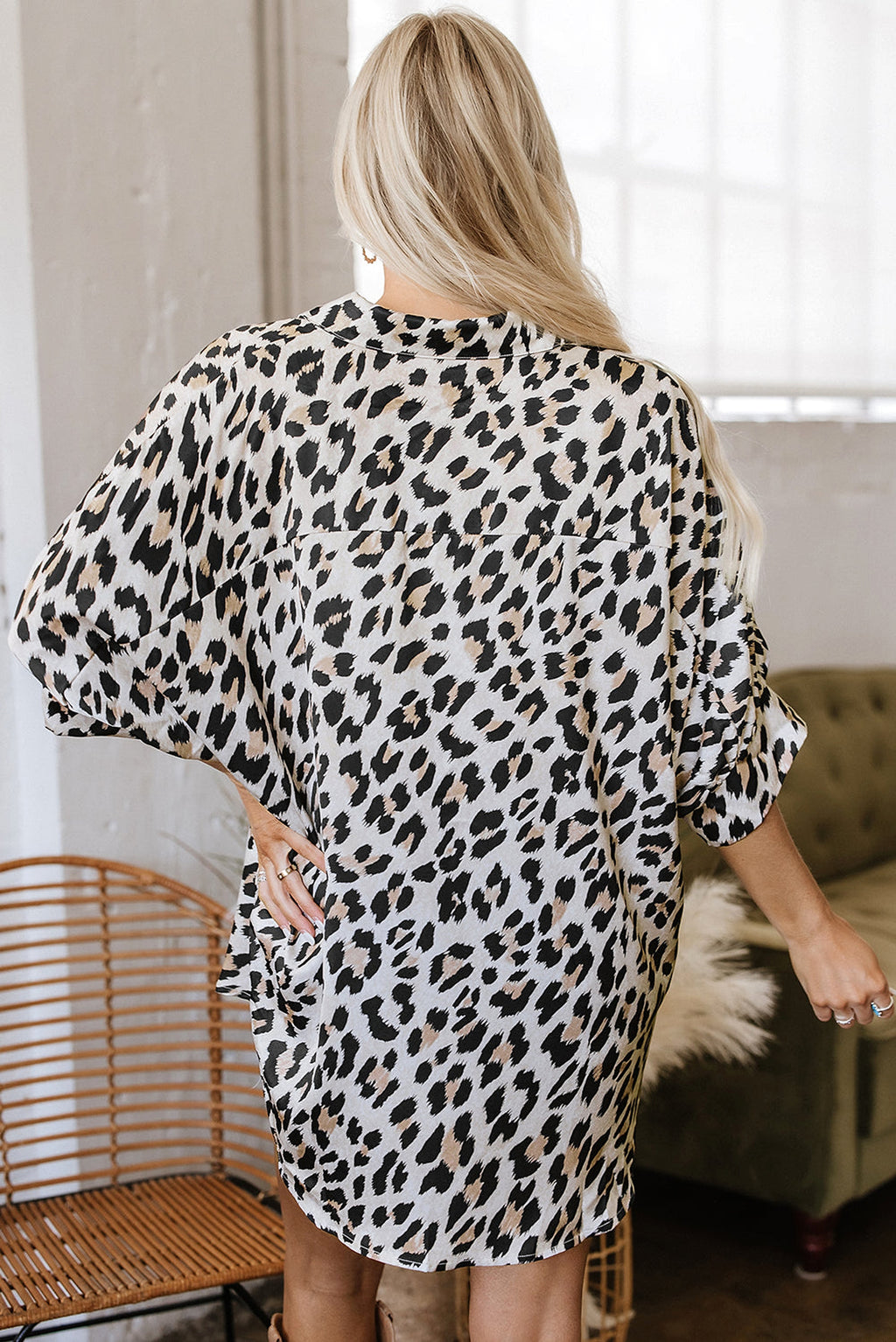 Beige Leopard Print Buttoned 3/4 Sleeve Loose Fit Shirt - enhanced image 2