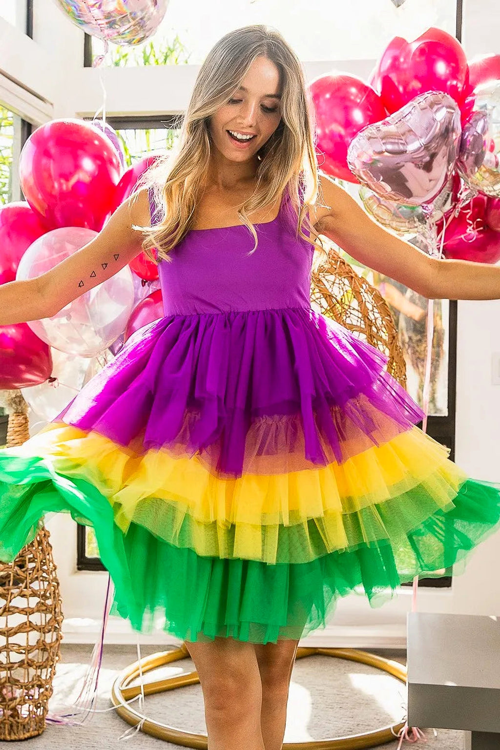 BiBi Mardi Gras Color Block Layered Mesh Tiered Dress - enhanced image 2
