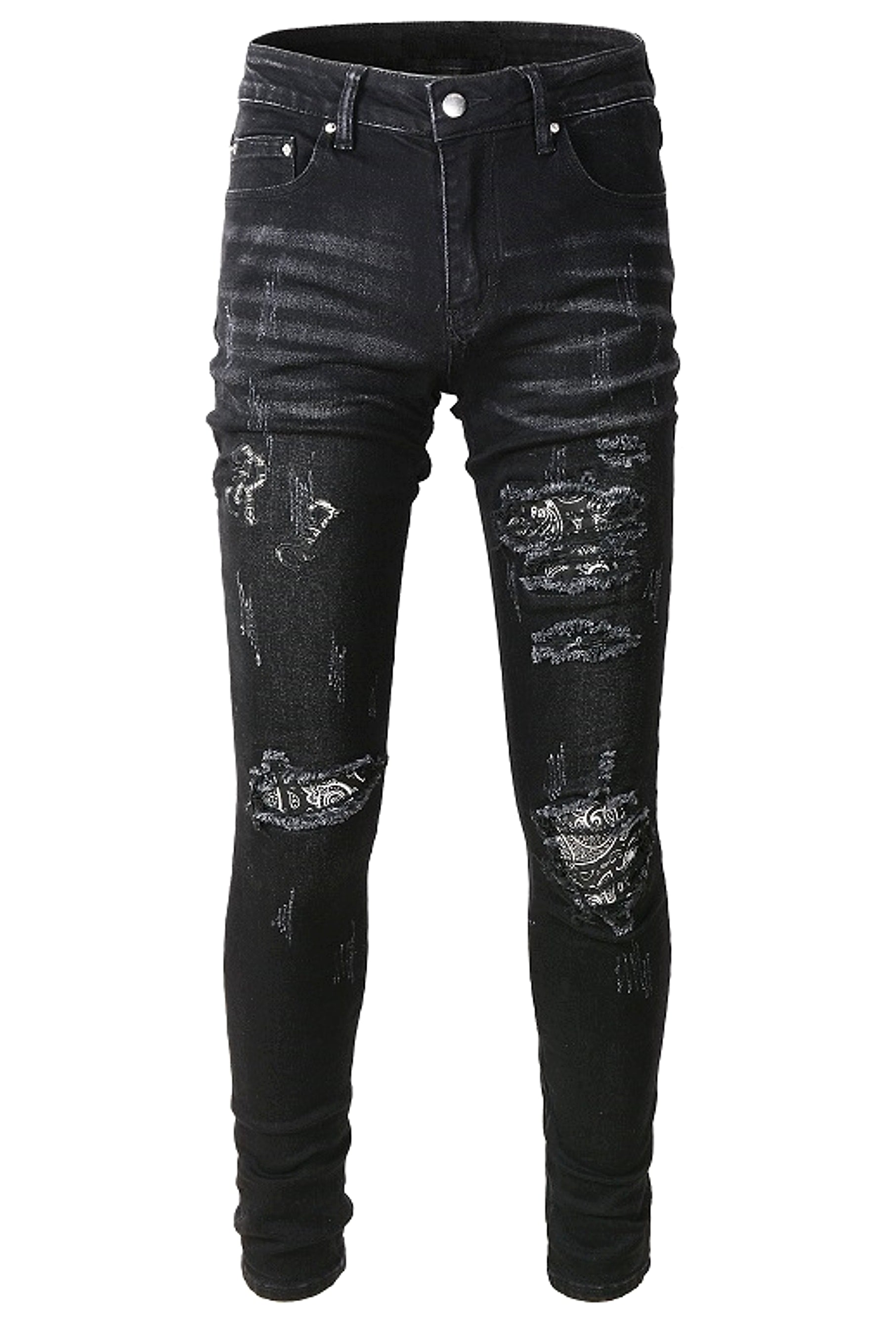 Black Cashew Flower Printed Patch Torn Jeans For Men - enhanced image 2