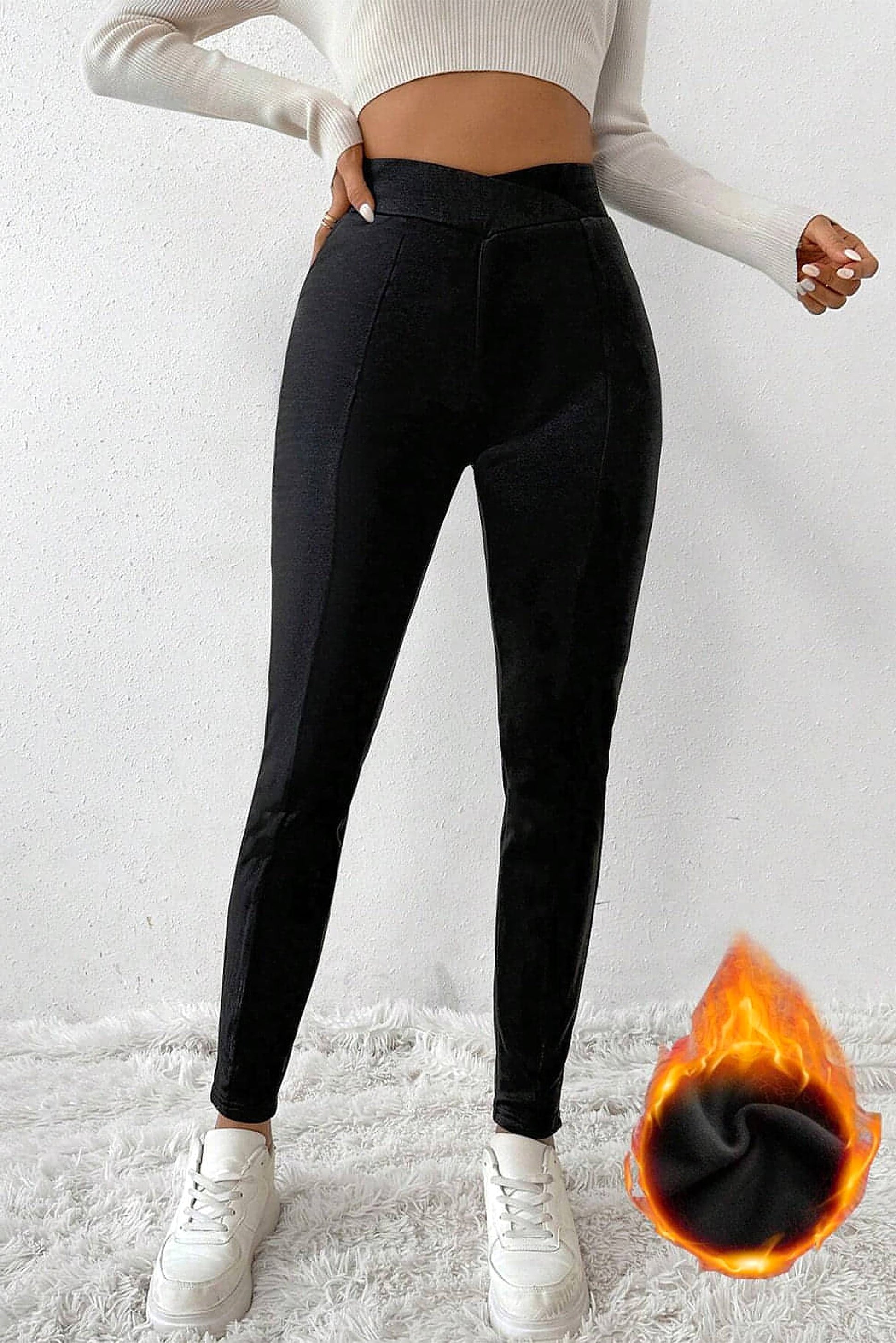 Black Crossed Waist Seamed Leg Thermal Leggings - enhanced image 2