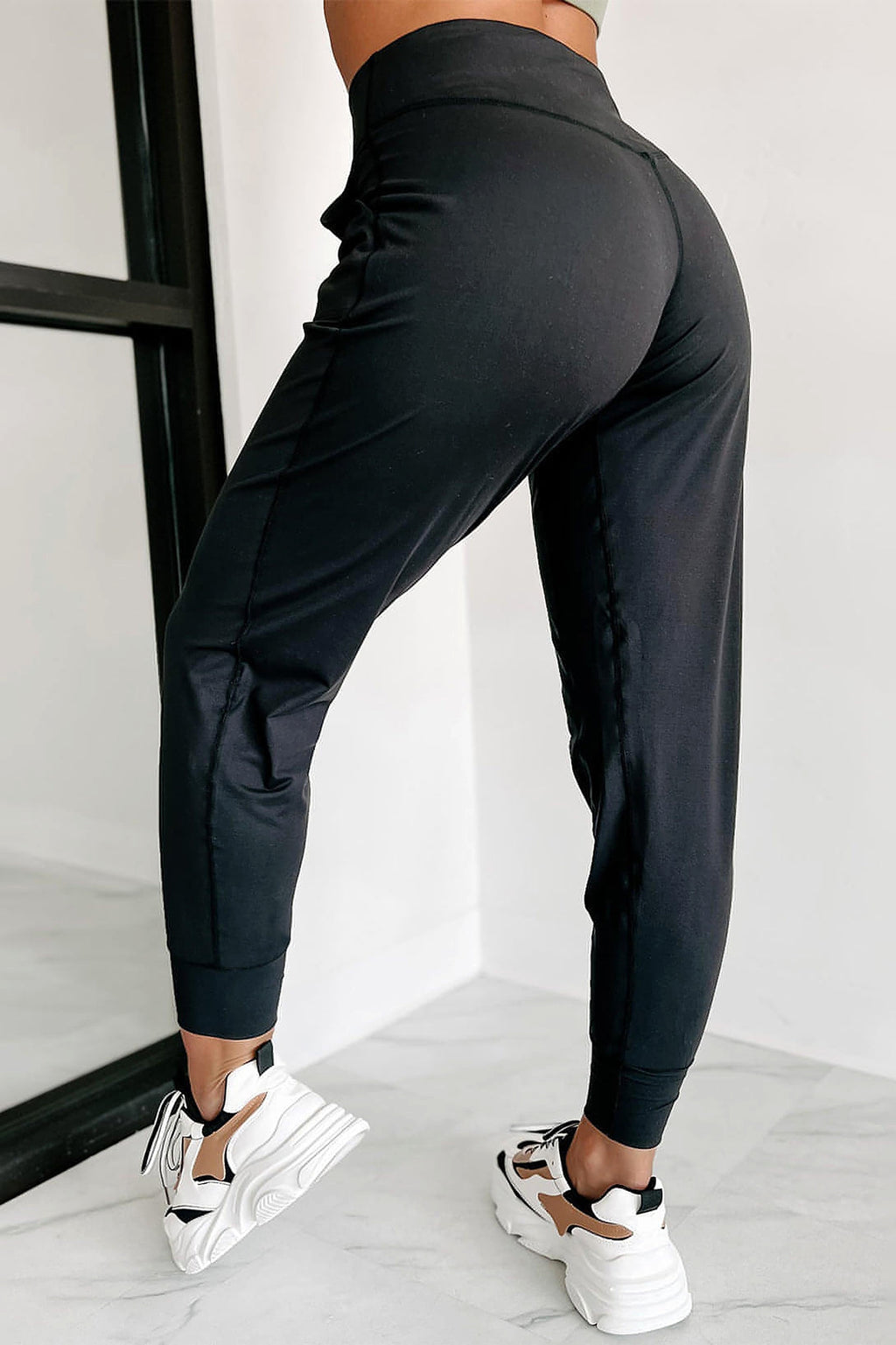 Black Exposed Seam High Waist Pocketed Joggers - enhanced image 2