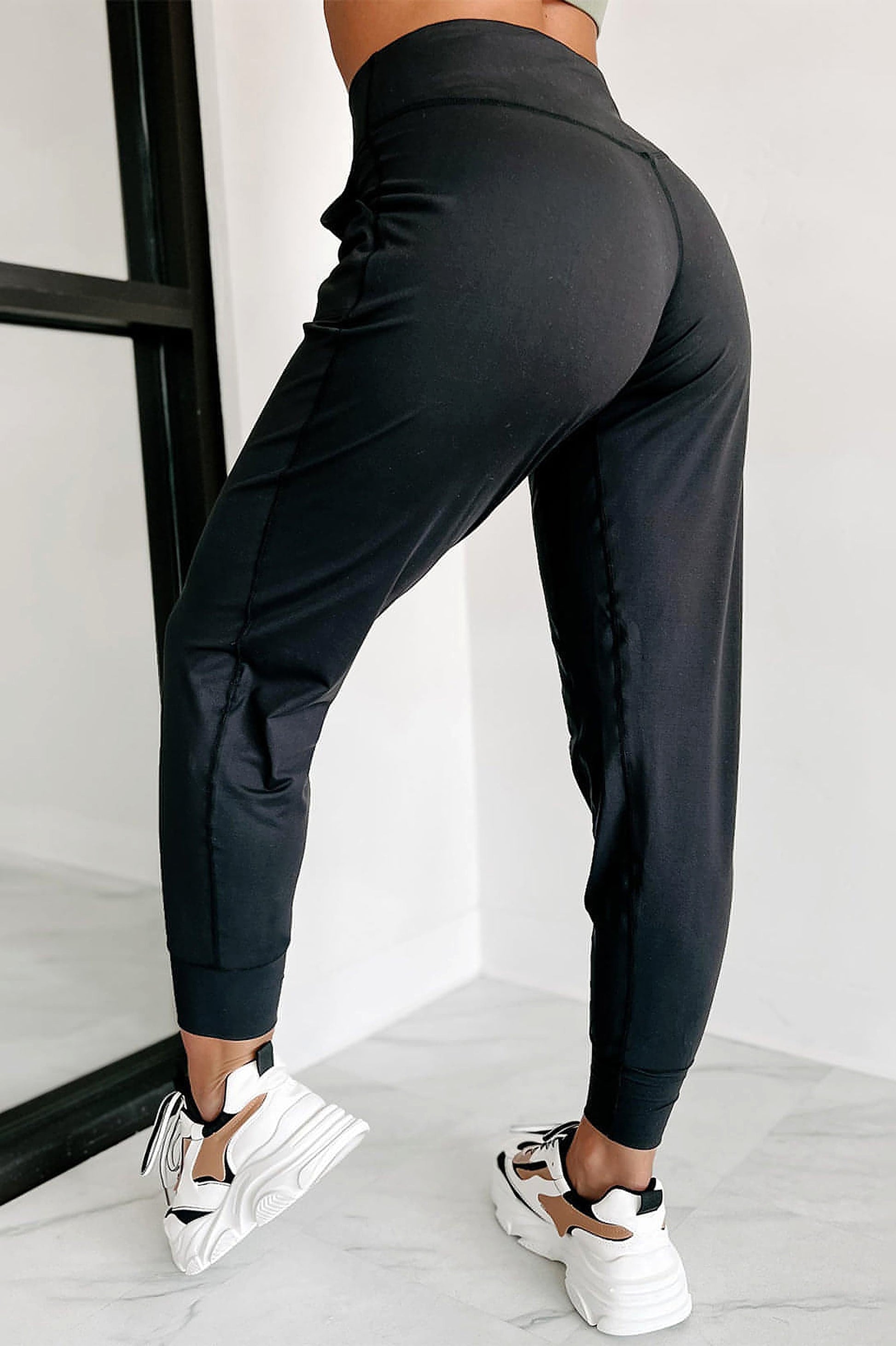 Black Exposed Seam High Waist Pocketed Joggers - enhanced image 2