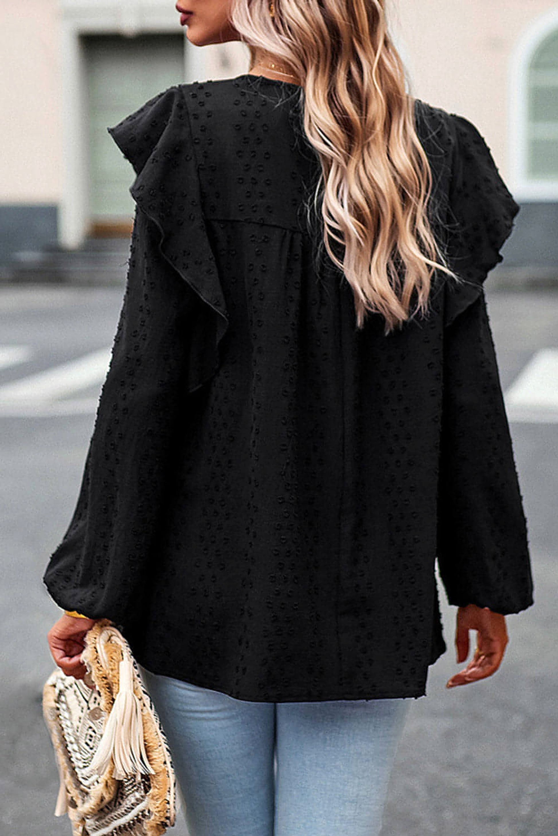 Black Lace Eyelet Ruffle Shoulder Long Sleeve Blouse - enhanced image 2